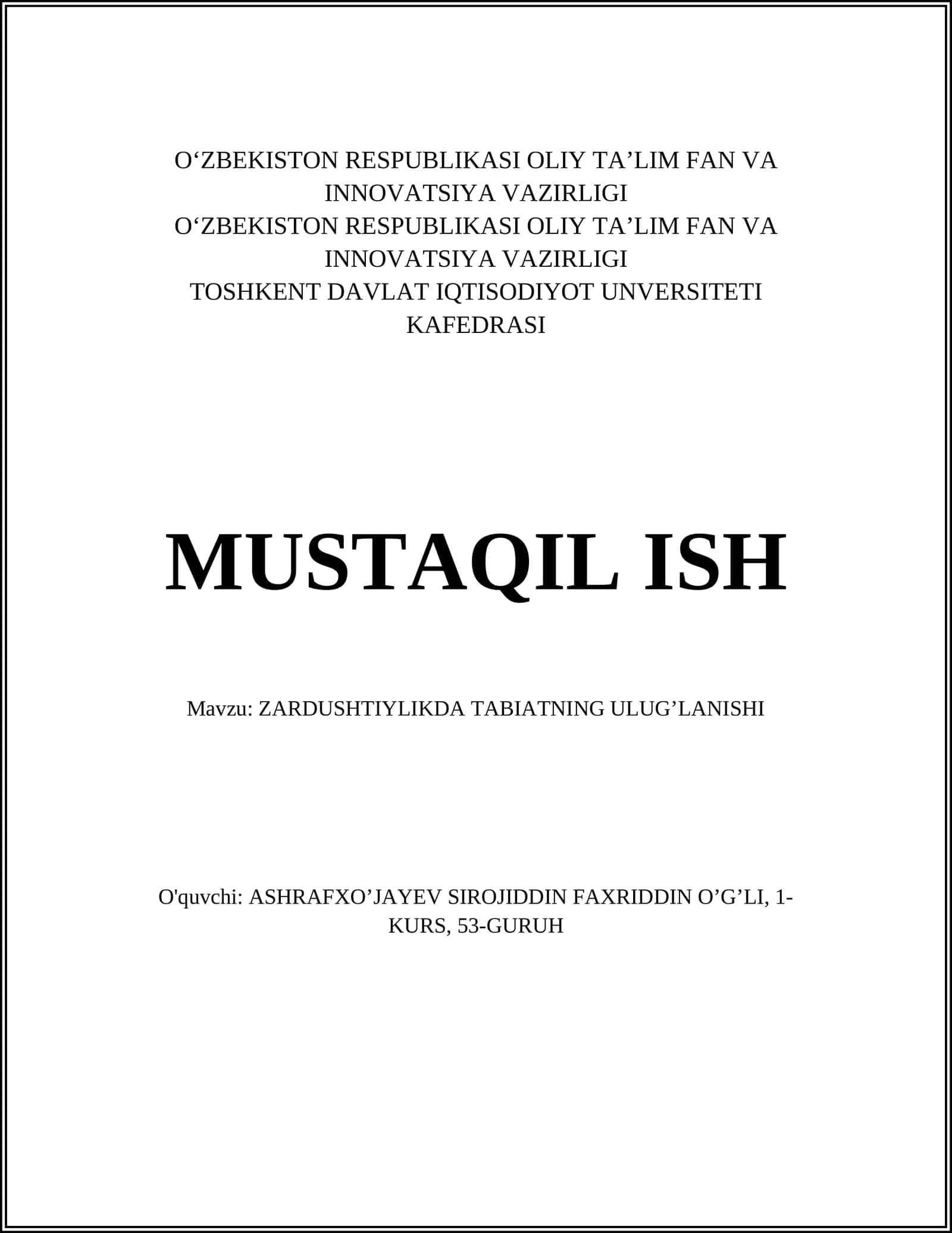 ZARDUSHTIYLIKDA TABIATNING ULUG’LANISHI 1
