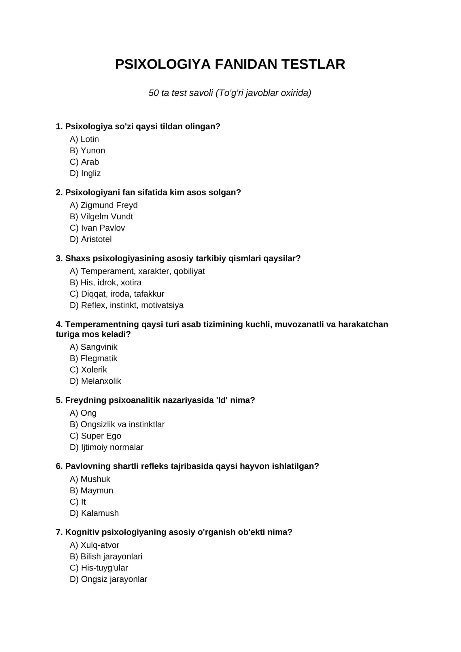 PSIXOLOGIYA FANIDAN TESTLAR 1