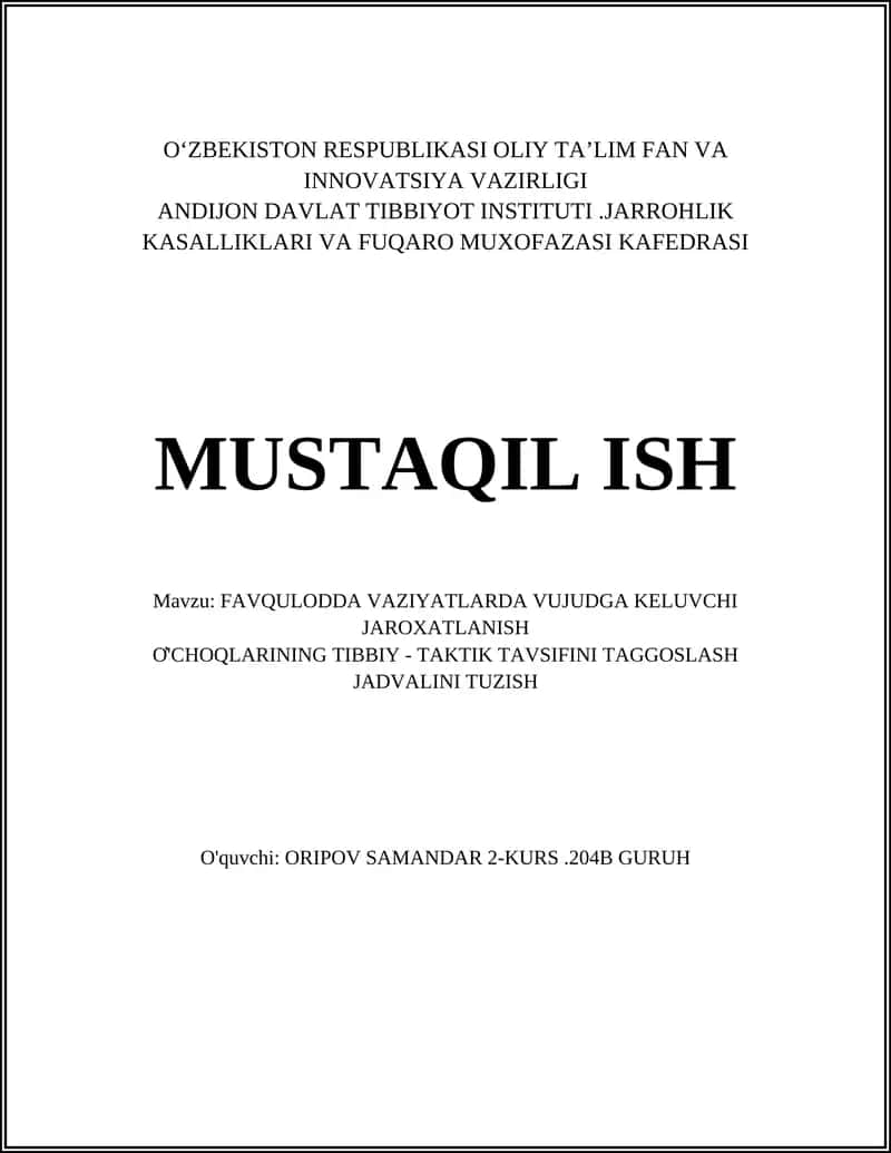 FAVQULODDA VAZIYATLARDA VUJUDGA KELUVCHI JAROXATLANISH 1