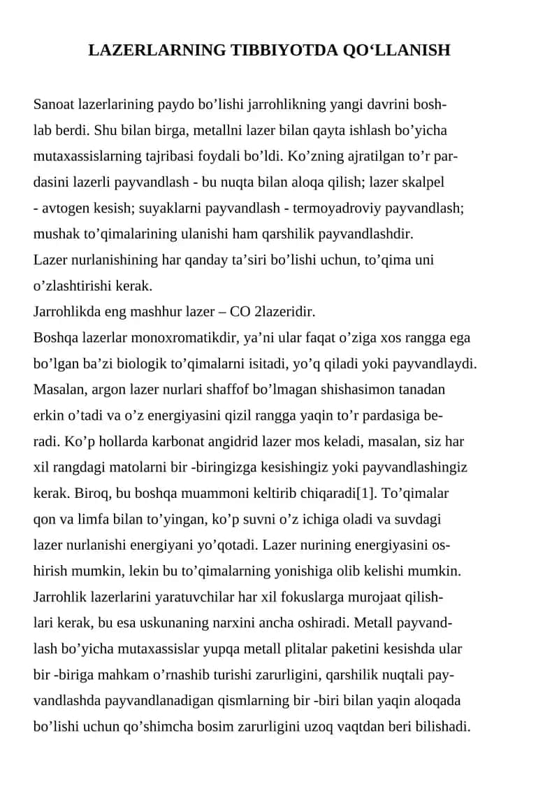 LAZERLARNING TIBBIYOTDA QO‘LLANISH 1