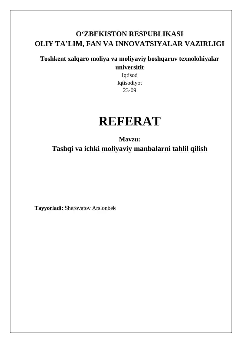 Tashqi va ichki moliyaviy manbalarni tahlil qilish 1