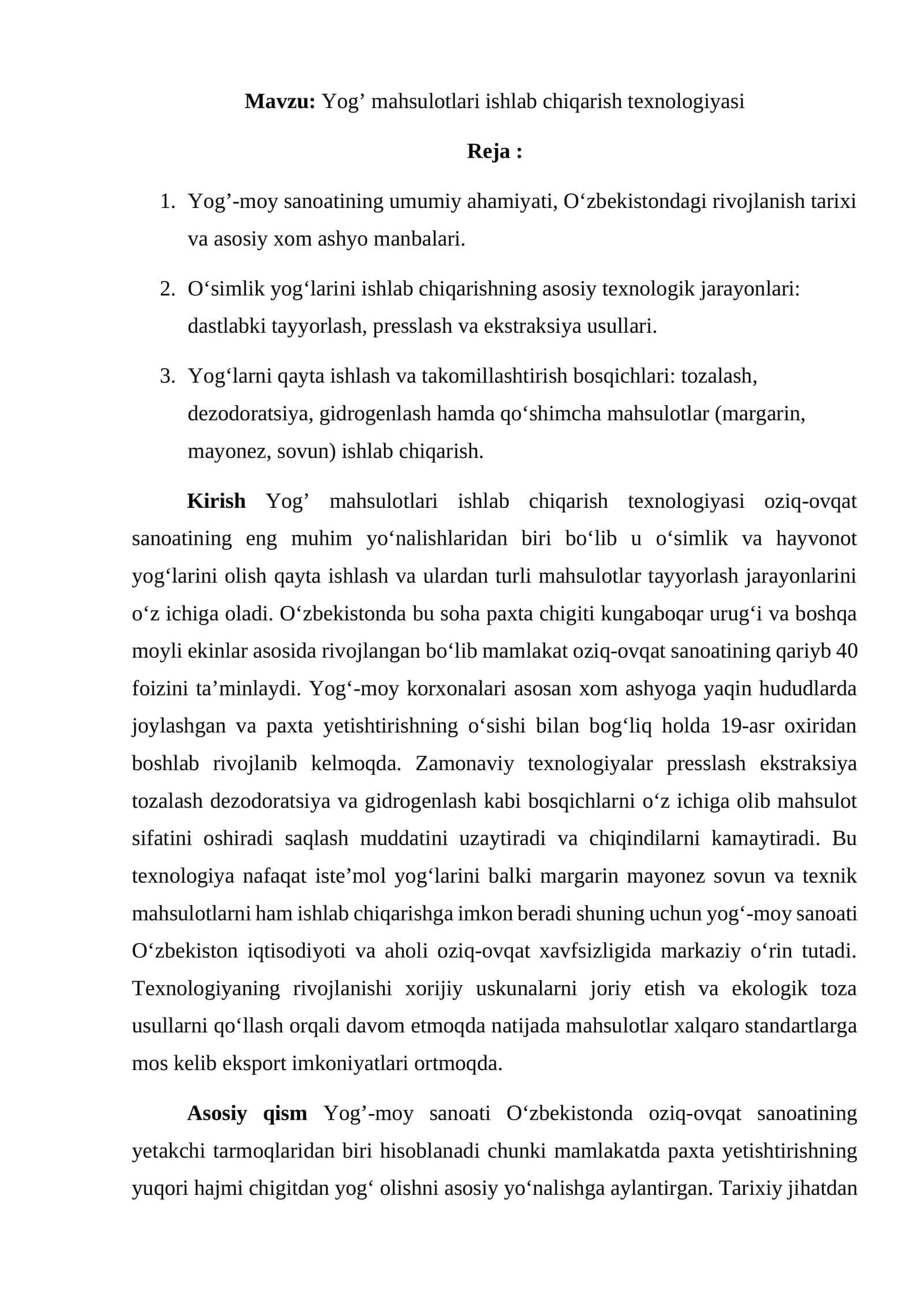 Yog' mahsulotlari ishlab chiqarish texnologiyasi 1