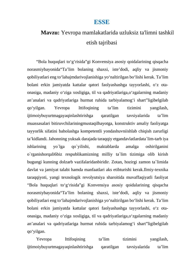 Yevropa mamlakatlarida uzluksiz ta'limni tashkil etish tajribasi 1