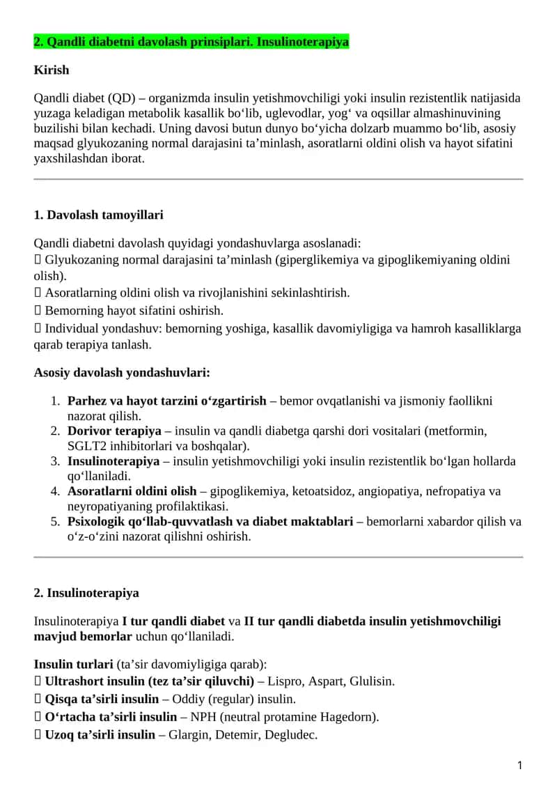 Qandli diabetni davolash prinsiplari. Insulinoterapiya 1