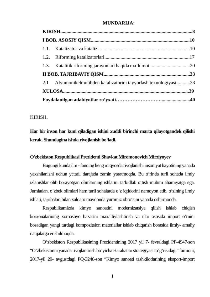 Katalitik riforming jarayoni va rivojlanish tarixidan kurs ishi 1