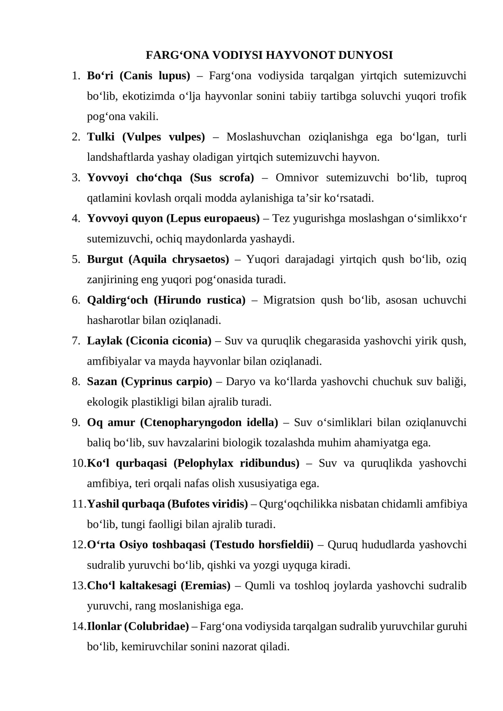 FARG‘ONA VODIYSI HAYVONOT DUNYOSI 1