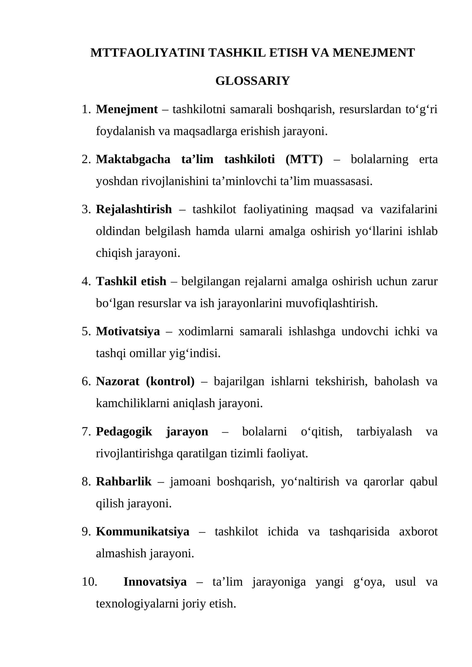 MTTFAOLIYATINI TASHKIL ETISH VA MENEJMENT 1