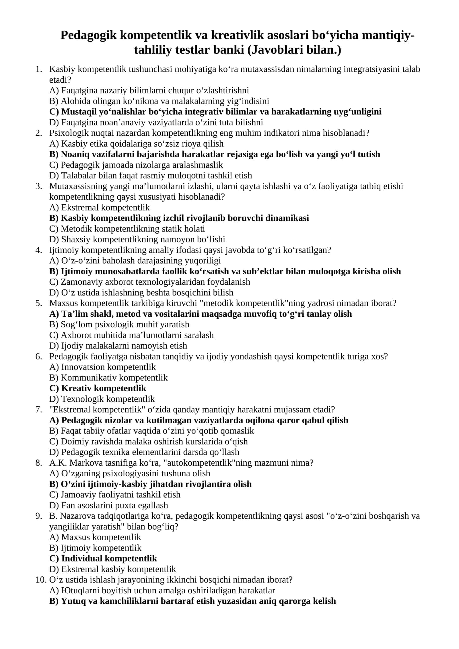 Toifa Attestatsiyasi uchun Pedagogik kompetentlik va kreativlik asoslari bo‘yicha mantiqiy-tahliliy testlar banki (Javoblari bilan.) 1