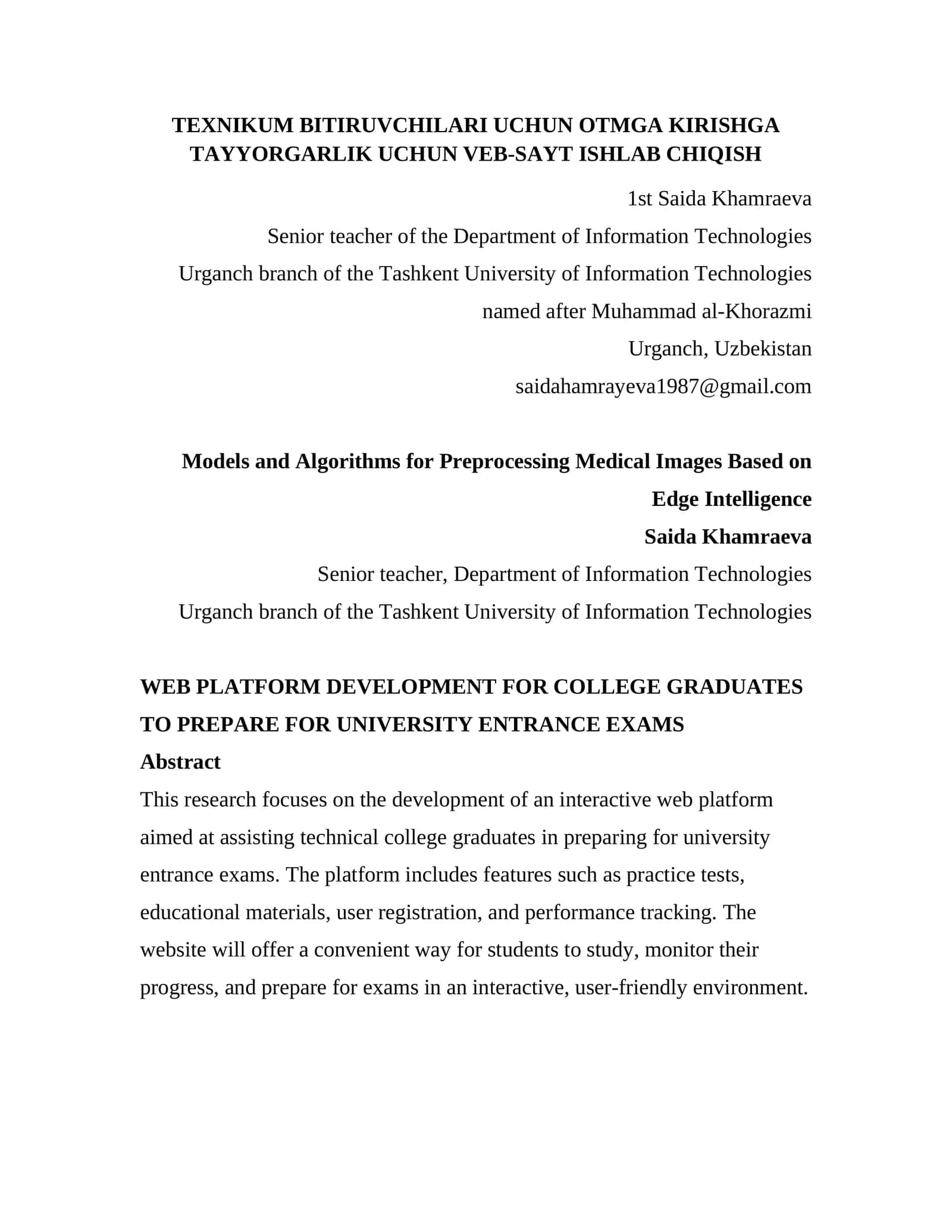 TEXNIKUM BITIRUVCHILARI UCHUN OTMGA KIRISHGA TAYYORGARLIK UCHUN VEB-SAYT ISHLAB CHIQISH 1