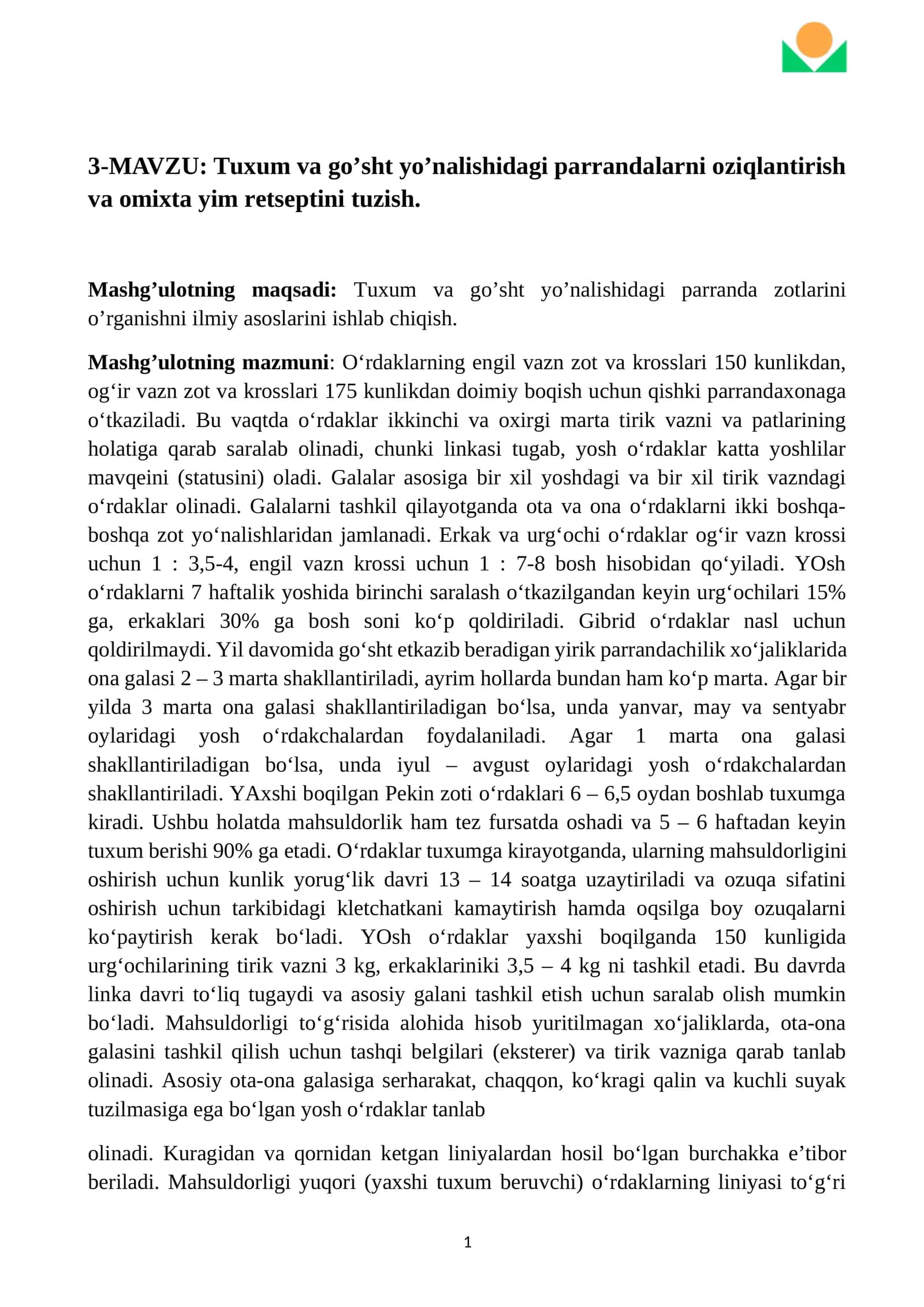 Tuxum va go’sht yo’nalishidagi parrandalarni oziqlantirish va omixta yim retseptini tuzish 1
