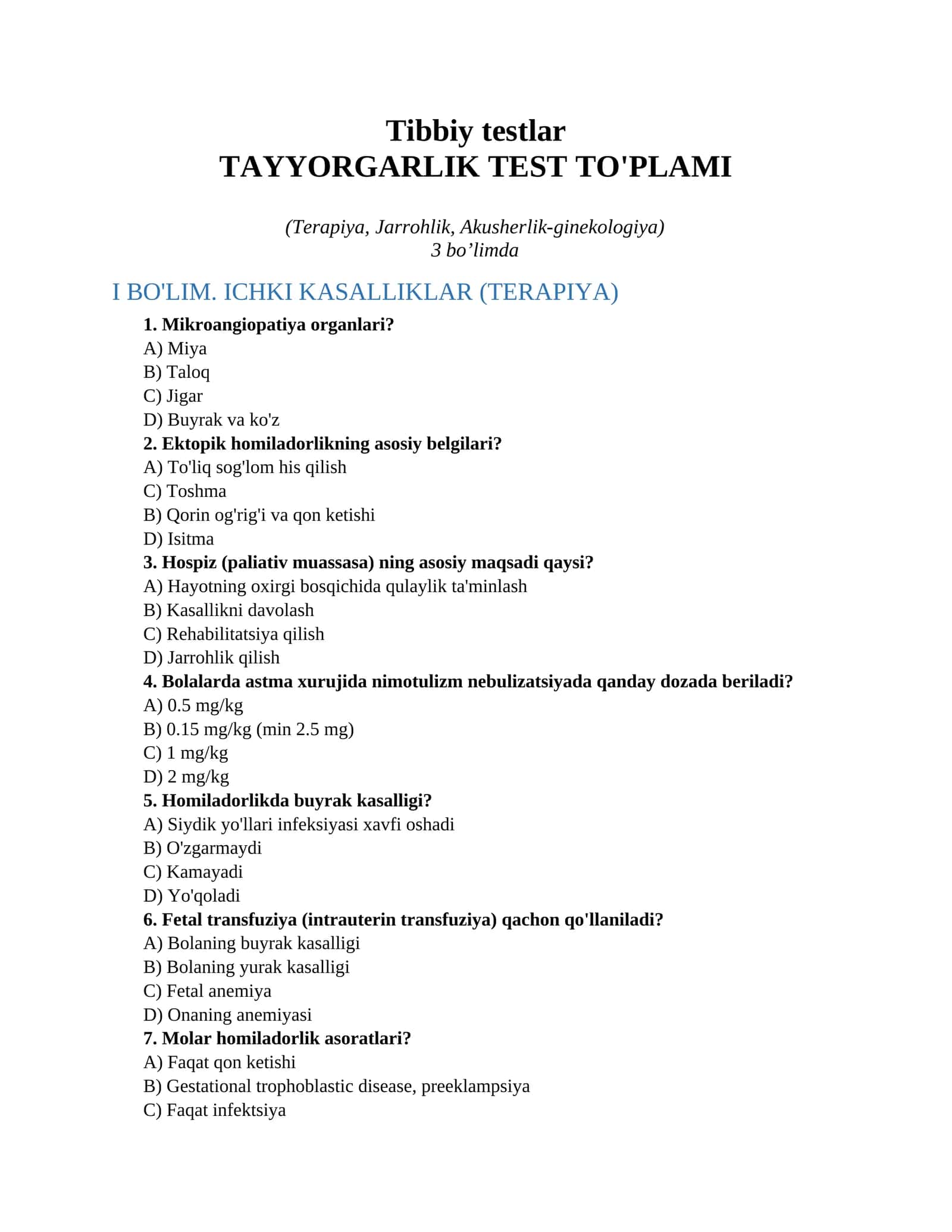 Tibbiy testlar 1