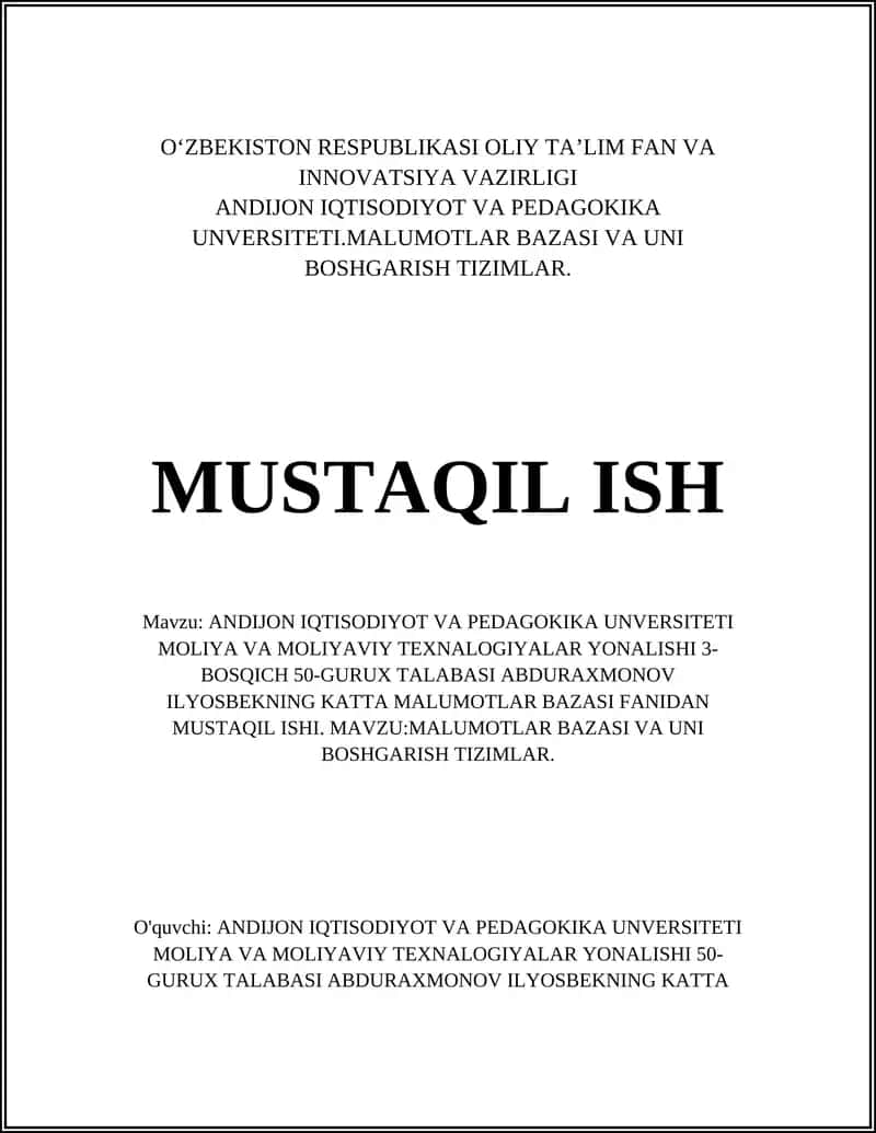 MALUMOTLAR BAZASI VA UNI BOSHGARISH TIZIMLAR 1