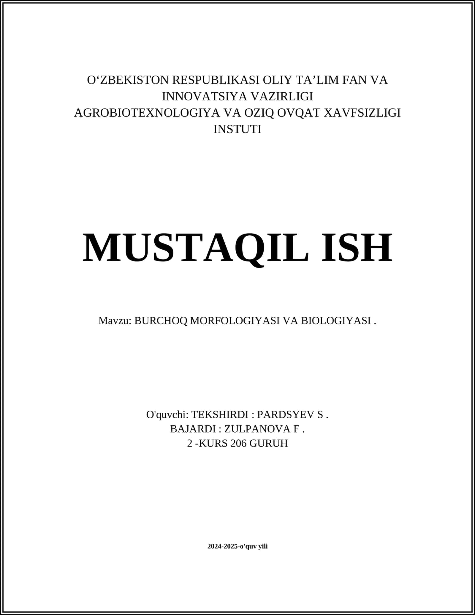 BURCHOQ MORFOLOGIYASI VA BIOLOGIYASI 1