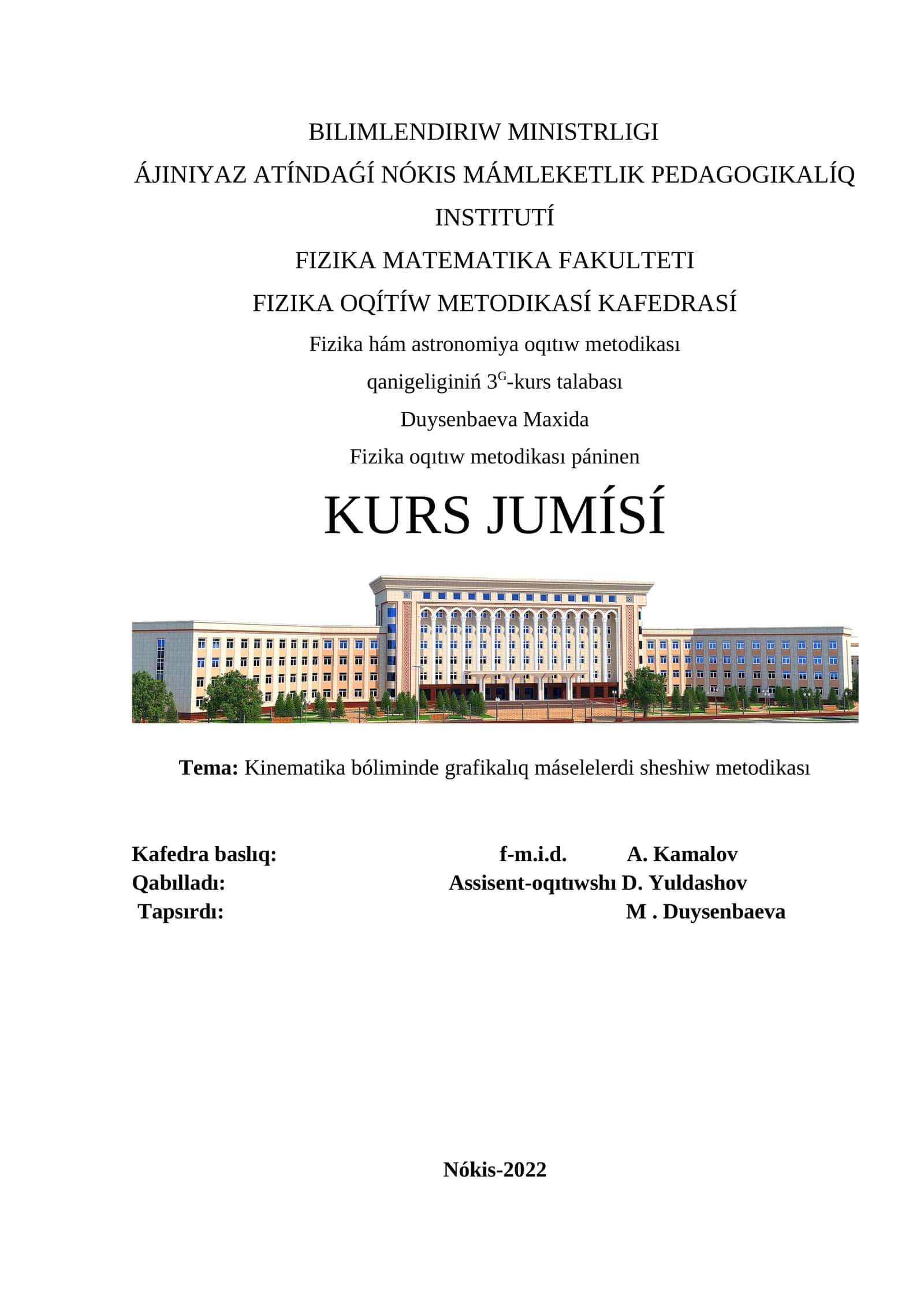 Kinematika bóliminde grafikalıq máselelerdi sheshiw metodikası 1