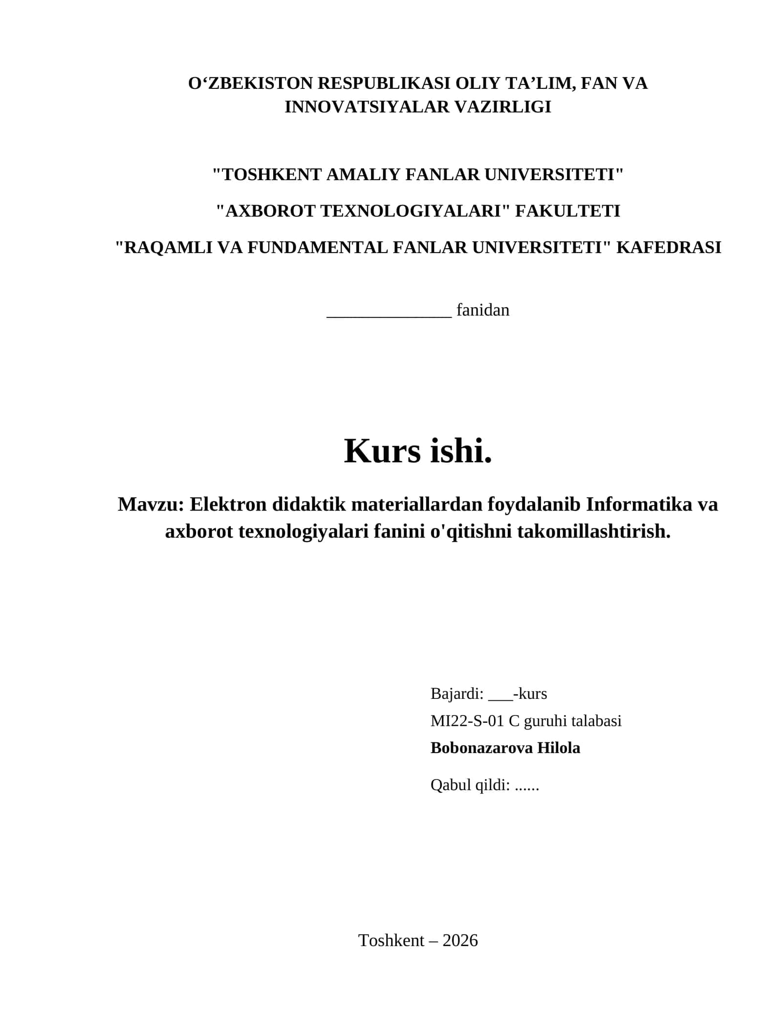 Elektron didaktik materiallardan foydalanib Informatika va axborot texnologiyalari fanini o'qitishni takomillashtirish. 1
