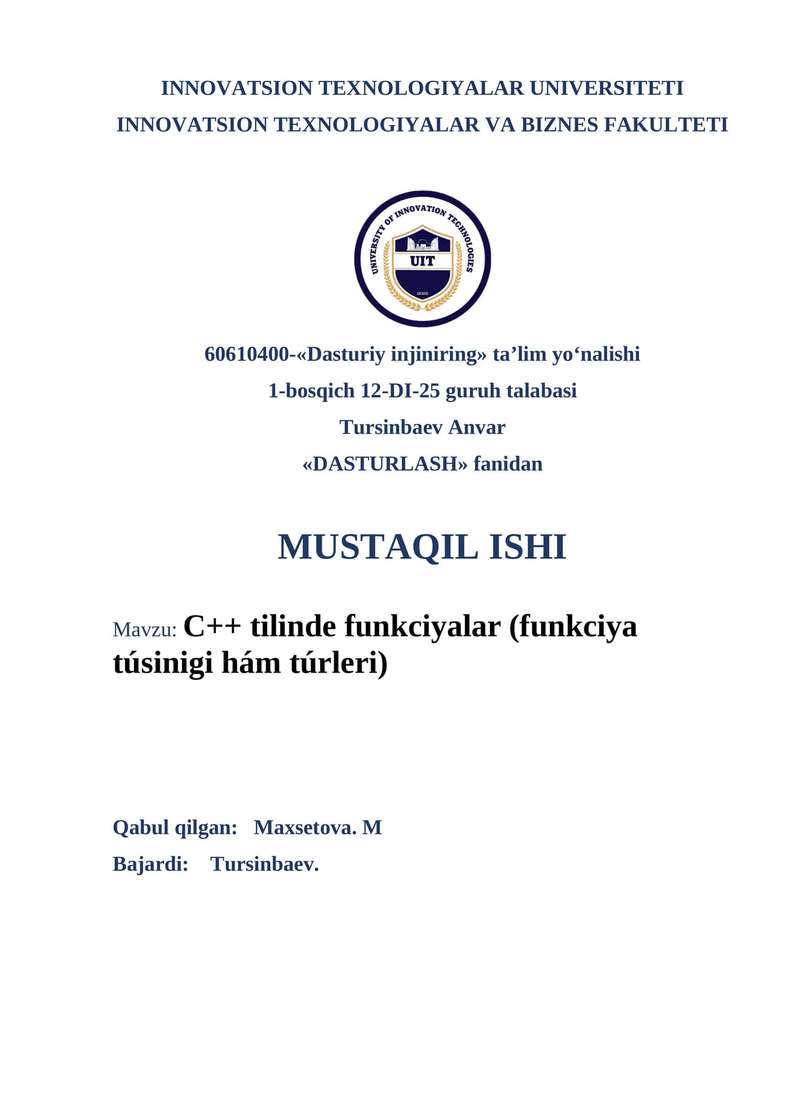 C++ tilinde funkciyalar (funkciya túsinigi hám túrleri) 1