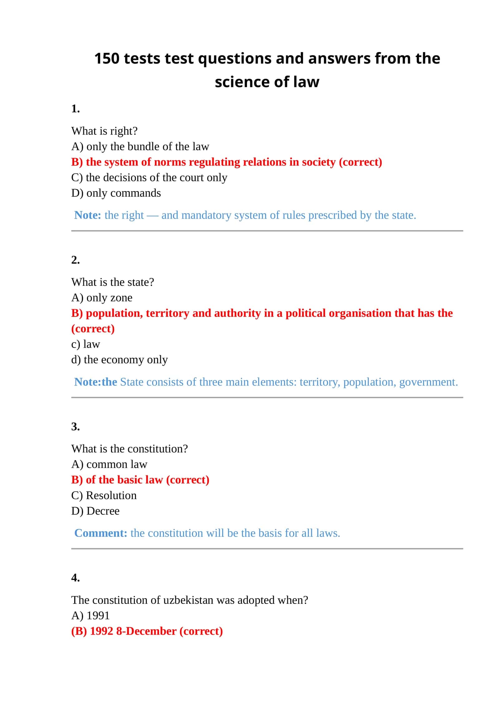 150 tests test questions and answers from the science of law 1