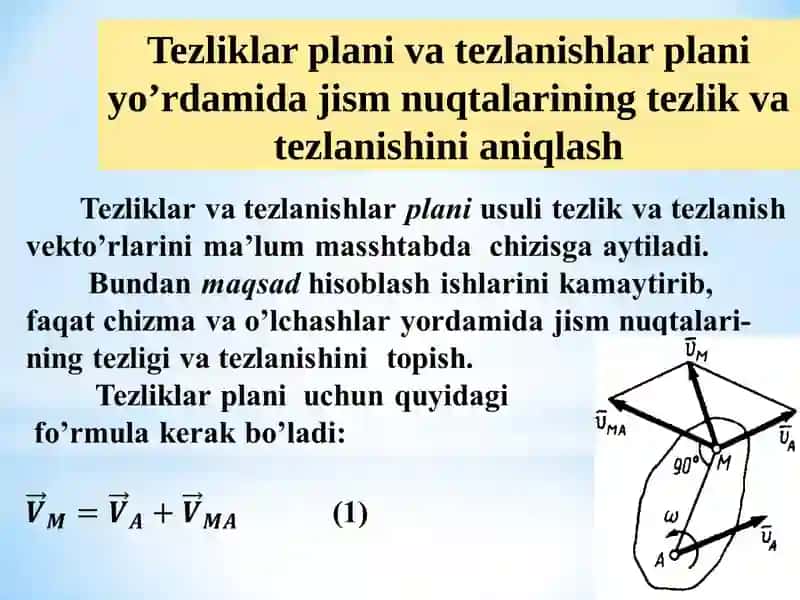 Tezliklar plani va tezlanishlar plani yo’rdamida jism nuqtalarining tezlik va tezlanishini aniqlash