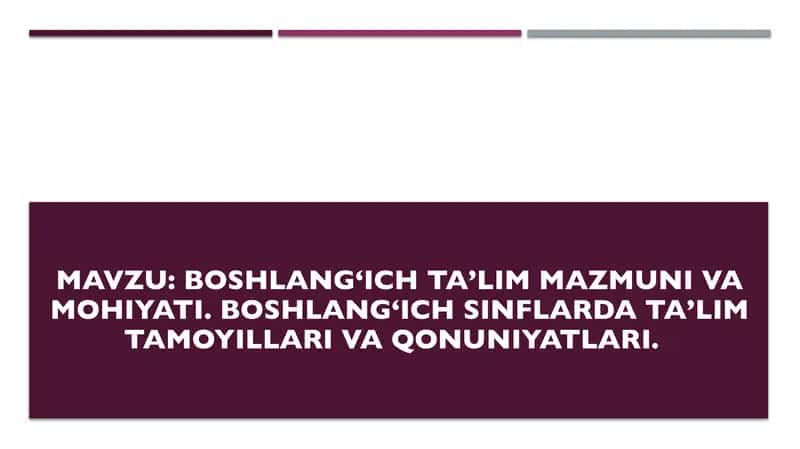Boshlang‘ich ta’lim mazmuni va mohiyati. Boshlang‘ich sinflarda ta’lim tamoyillari va qonuniyatlari 1
