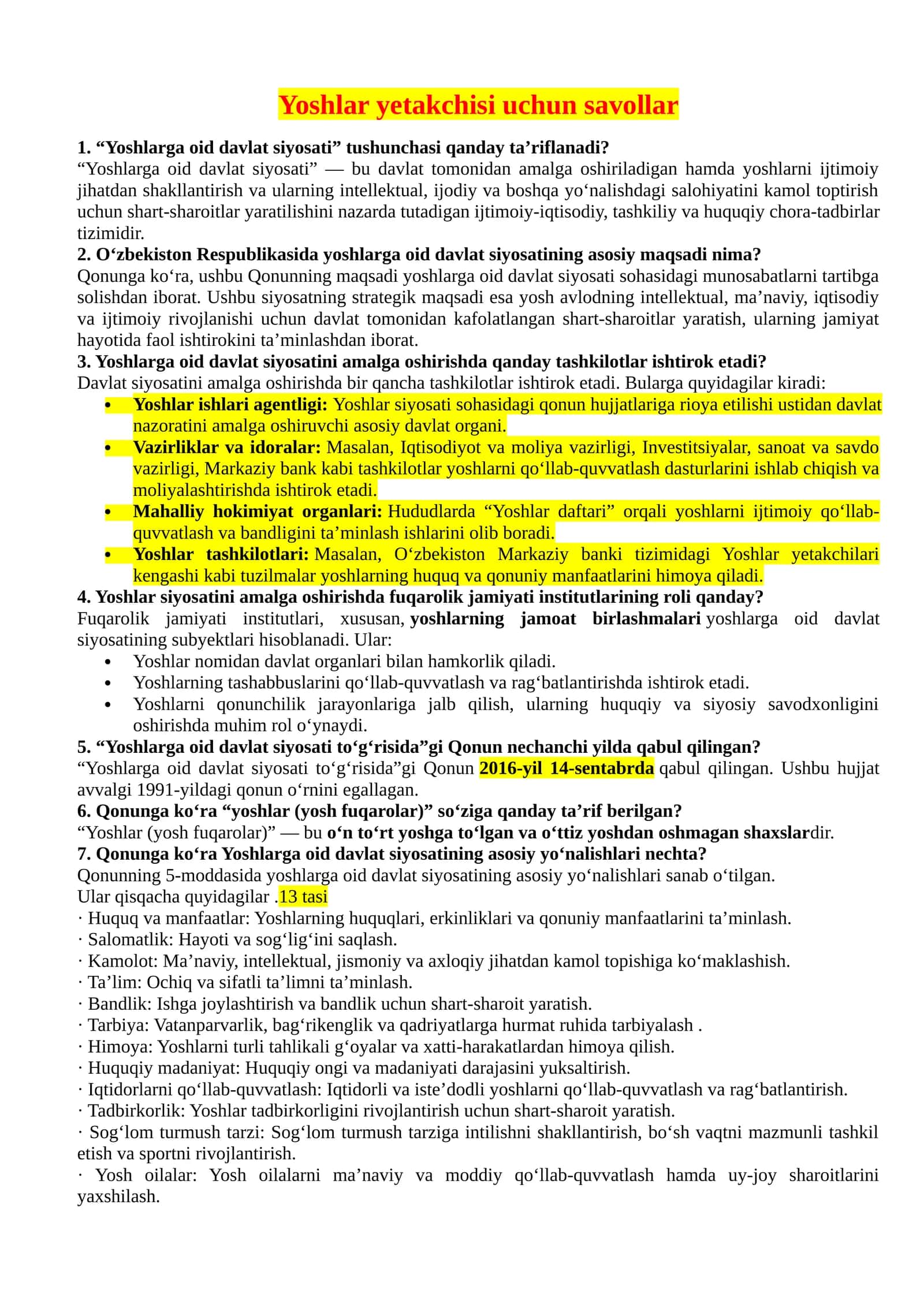 Yoshlar yetakchisi uchun savollarga javoblar 155ta 1