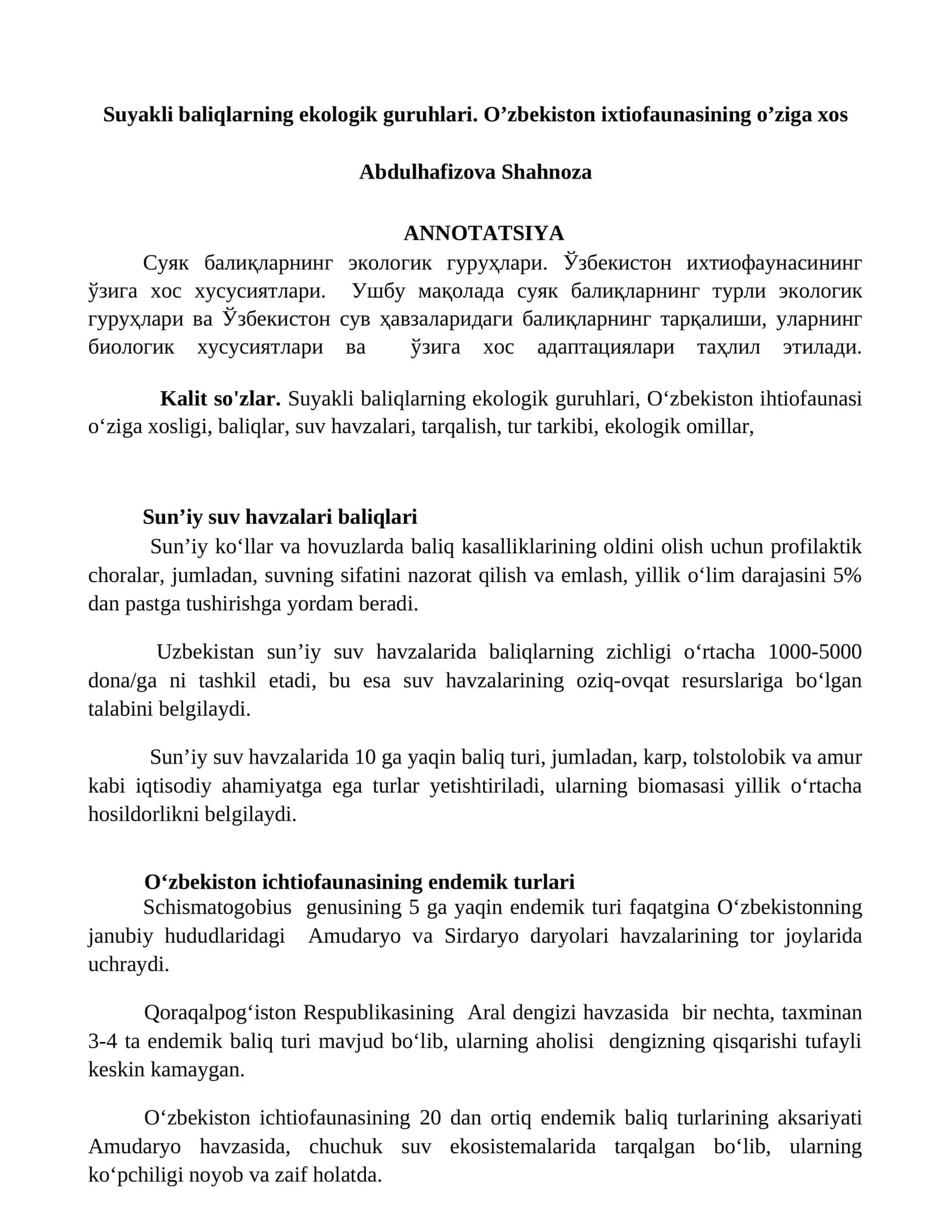 Suyakli baliqlarning ekologik guruhlari. O’zbekiston ixtiofaunasining o’ziga xos 1