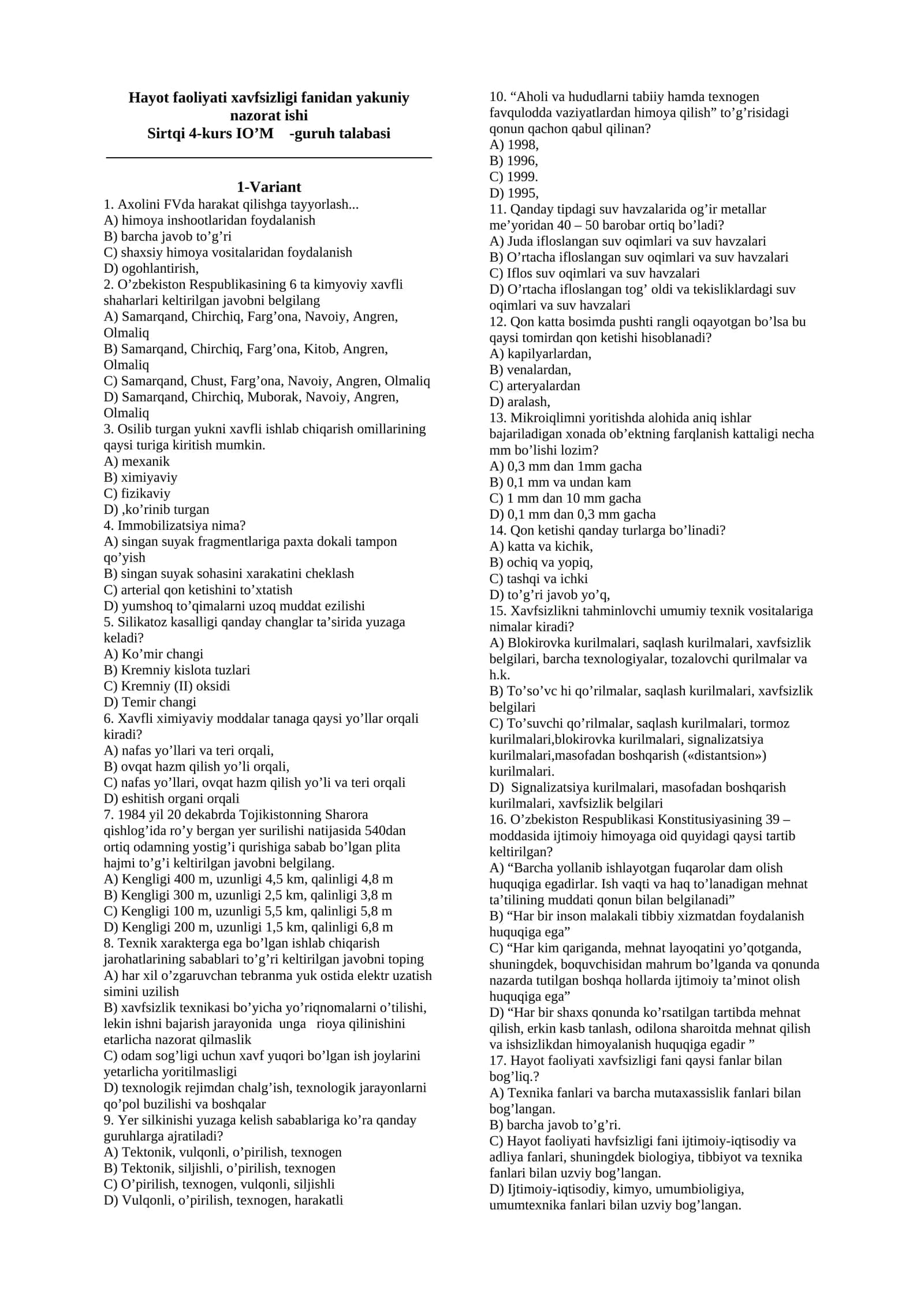 Hayot faoliyati xavfsizligi fanidan testlar. 1