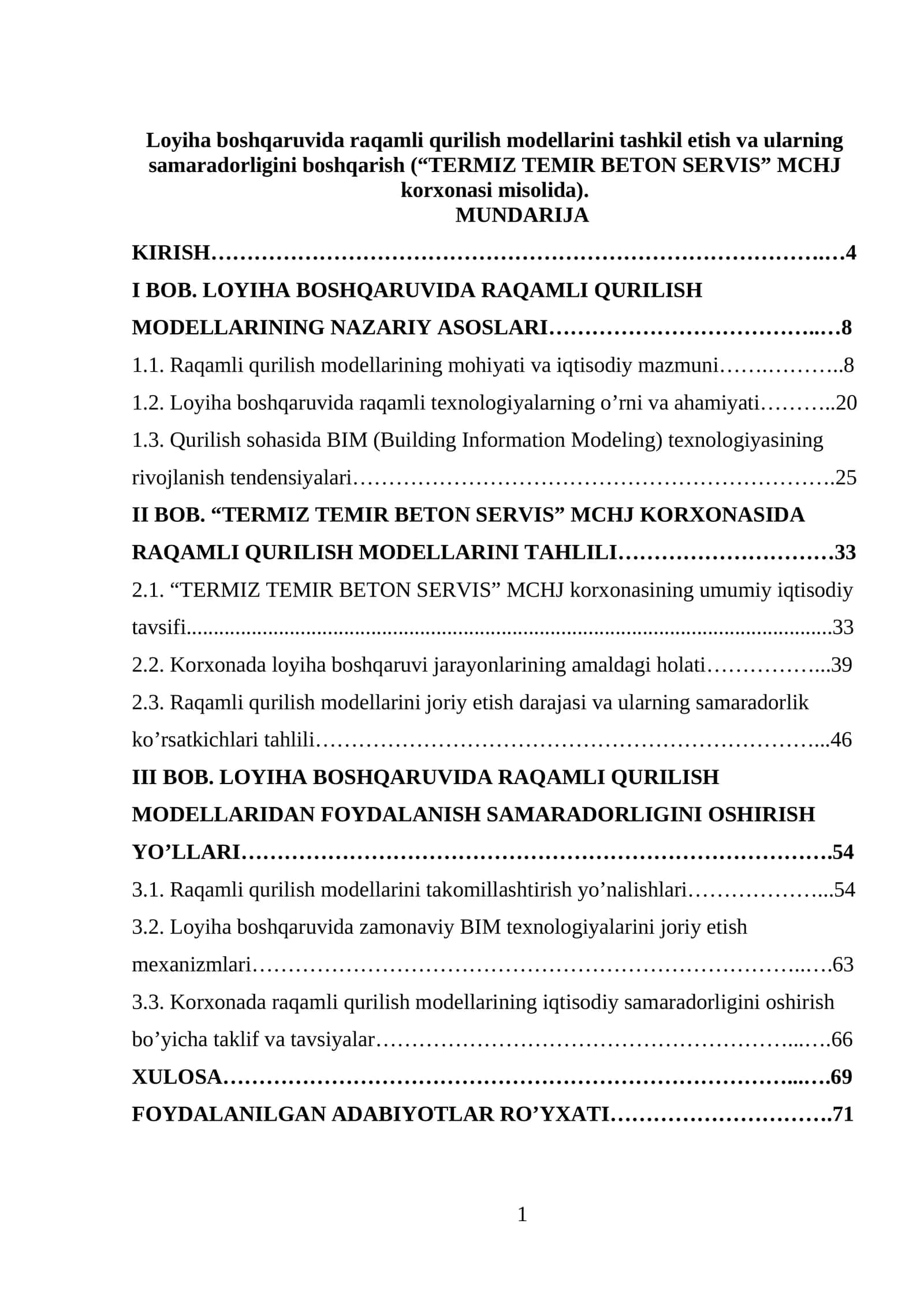 Loyiha boshqaruvida raqamli qurilish modellarini tashkil etish va ularning samaradorligini boshqarish (“TERMIZ TEMIR BETON SERVIS” MCHJ korxonasi misolida) 1