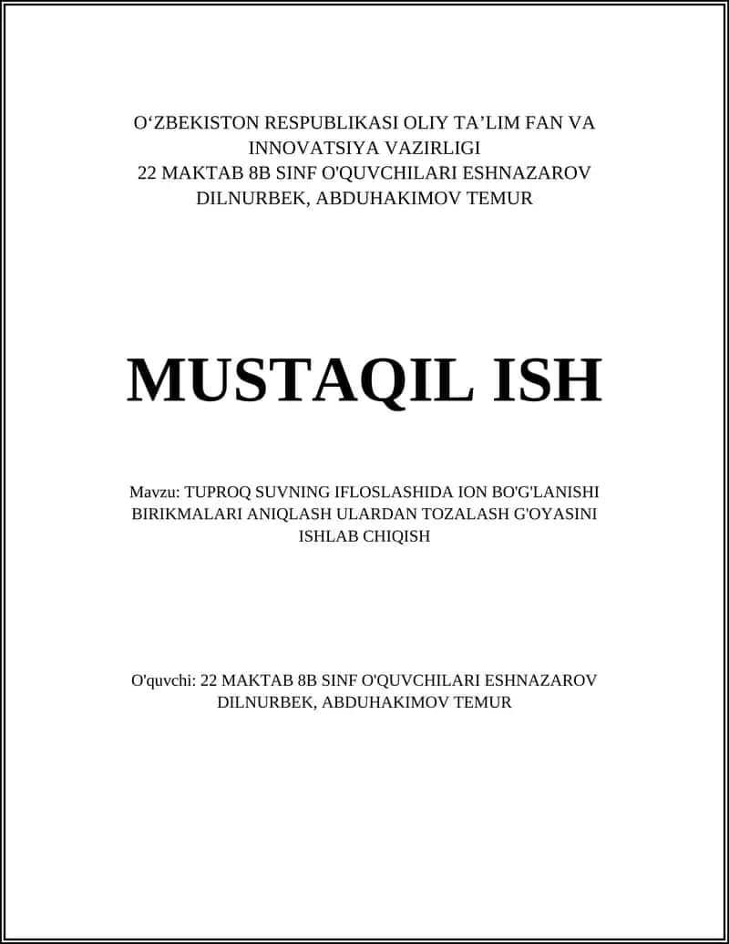 TUPROQ SUVNING IFLOSLASHIDA ION BO'G'LANISHI BIRIKMALARI ANIQLASH ULARDAN TOZALASH G'OYASINI ISHLAB CHIQISH 1