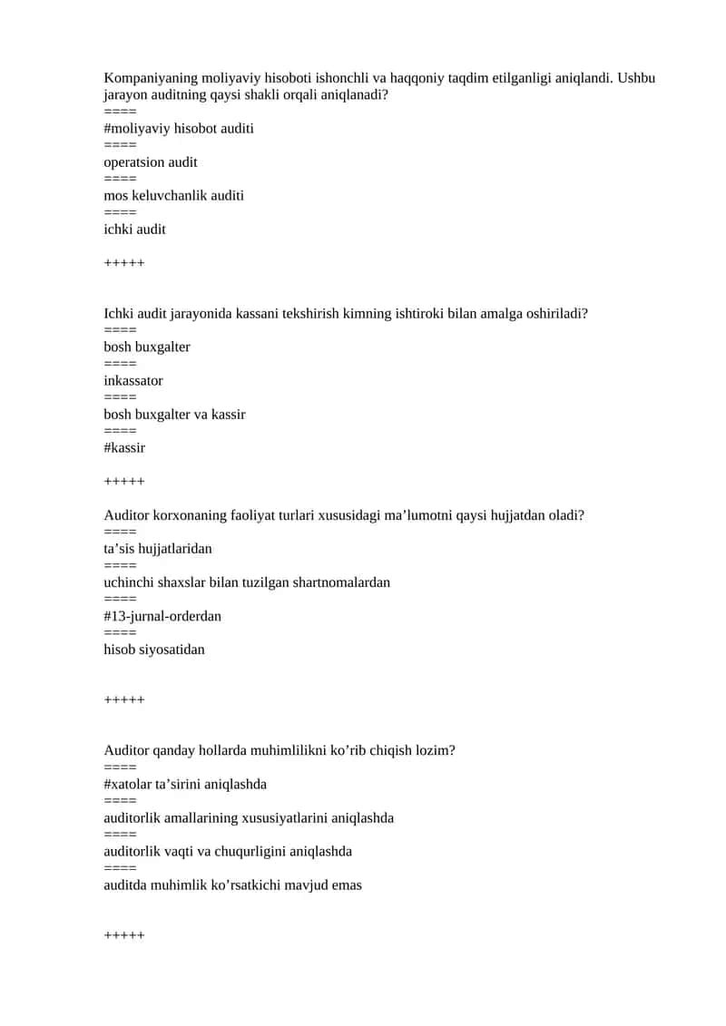 Audit testlar to`liq javoblari bilan. 1
