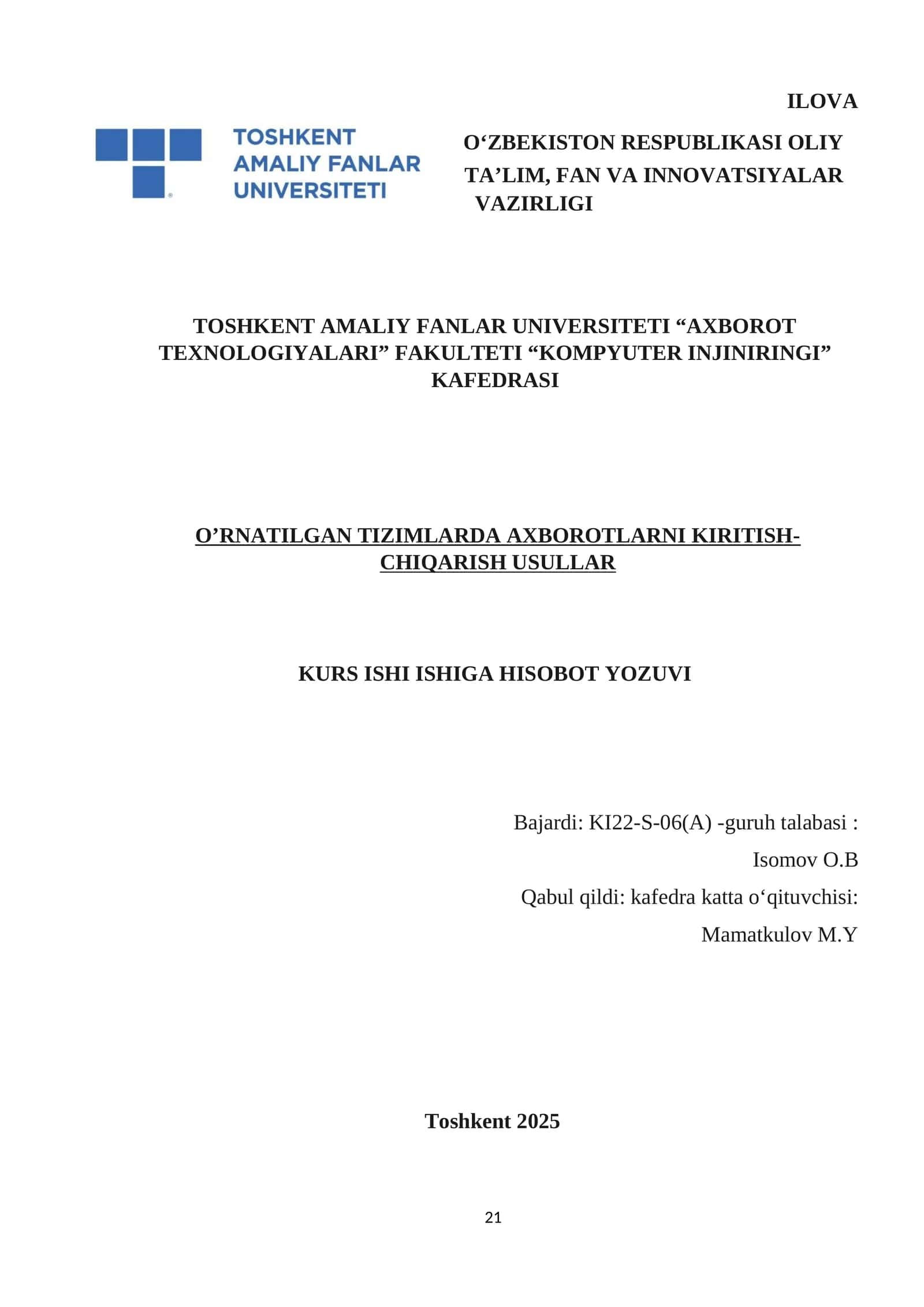 O’RNATILGAN TIZIMLARDA AXBOROTLARNI KIRITISH-CHIQARISH USULLAR 1