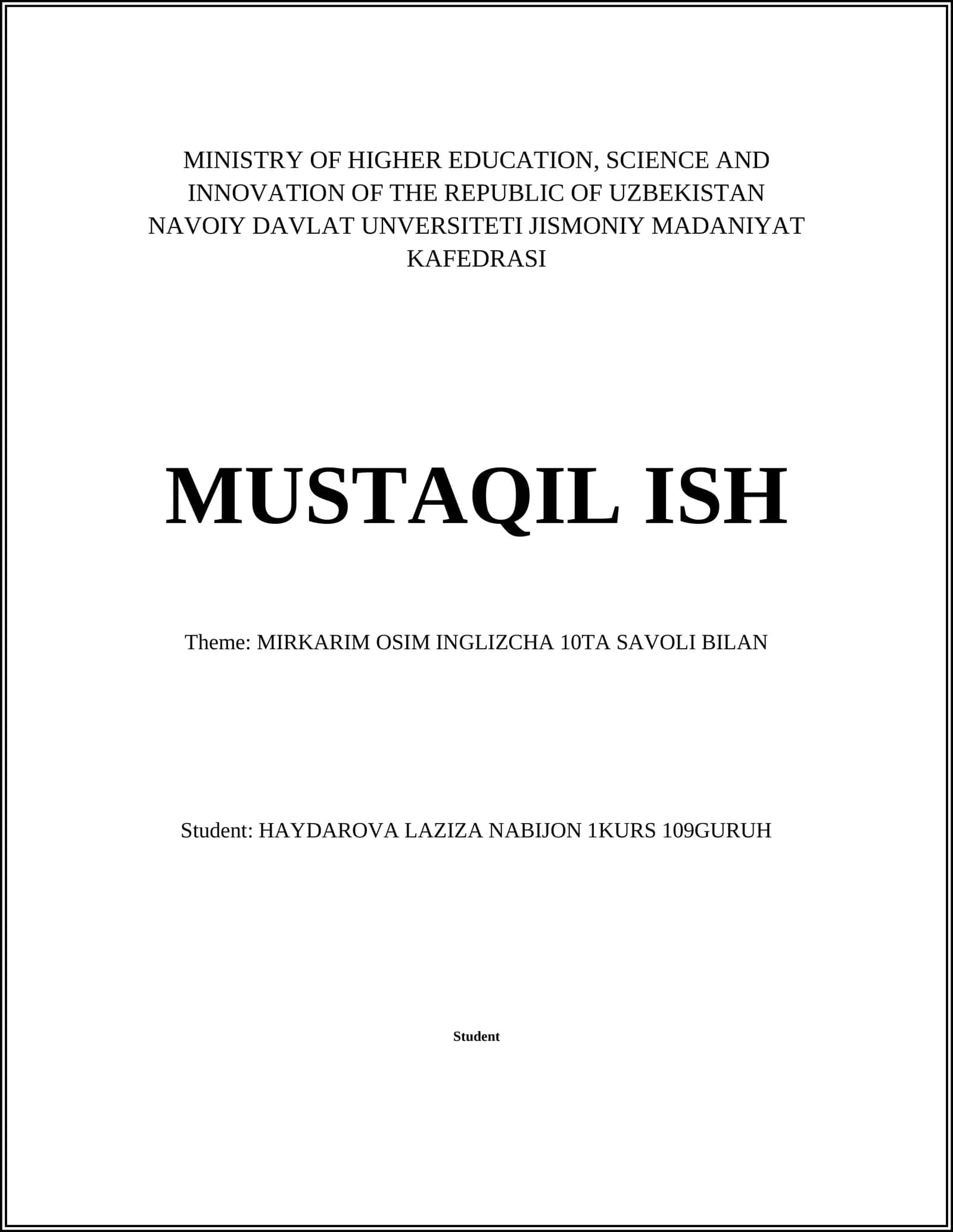 MIRKARIM OSIM INGLIZCHA 10TA SAVOLI BILAN 1