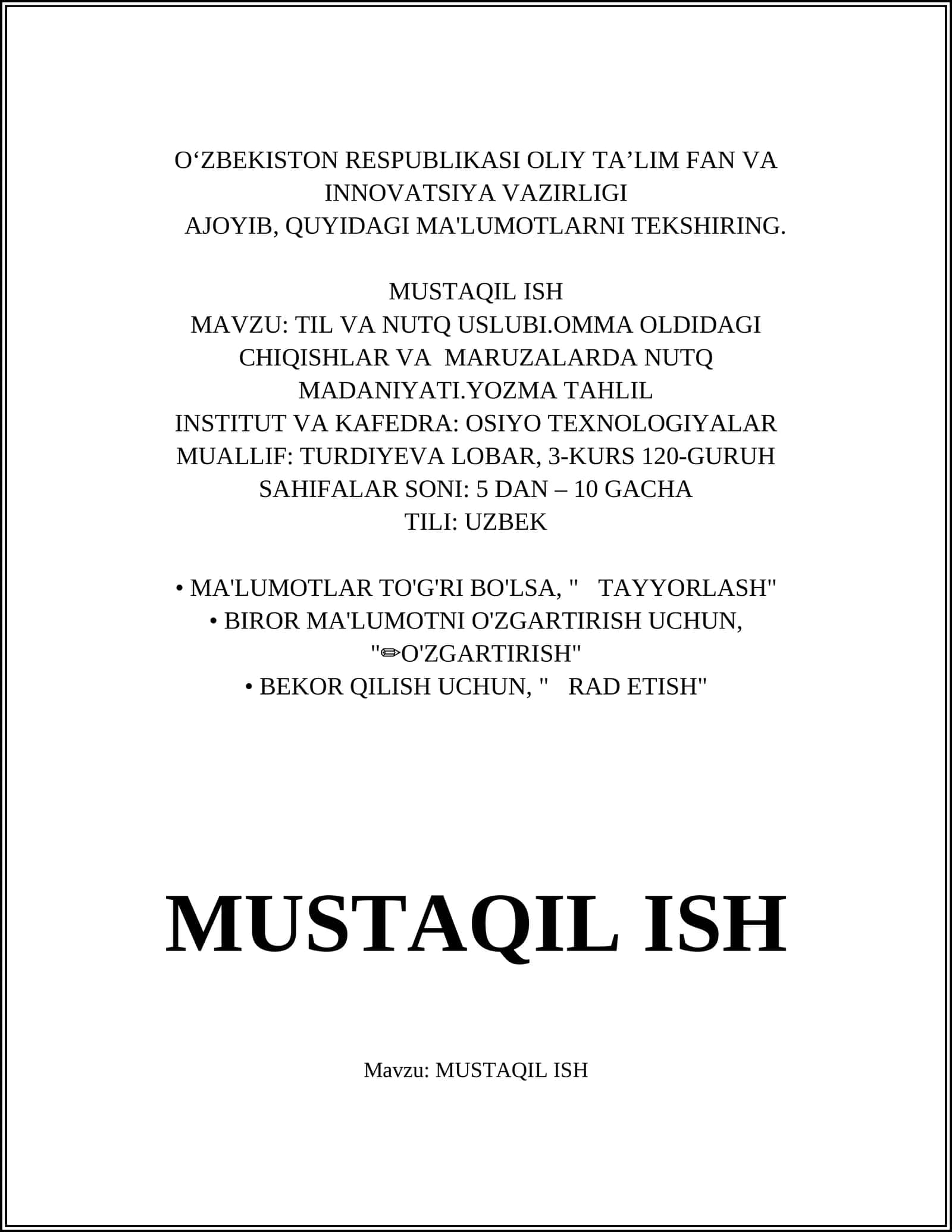 MUSTAQIL ISH 1