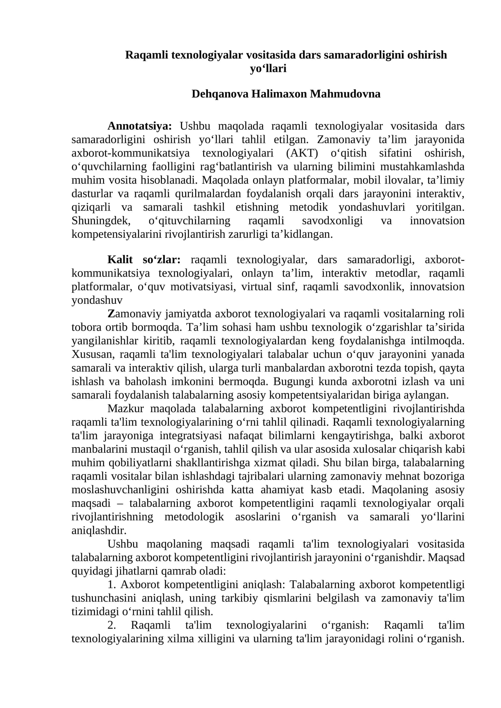 Raqamli texnologiyalar vositasida dars samaradorligini oshirish yo‘llari 1