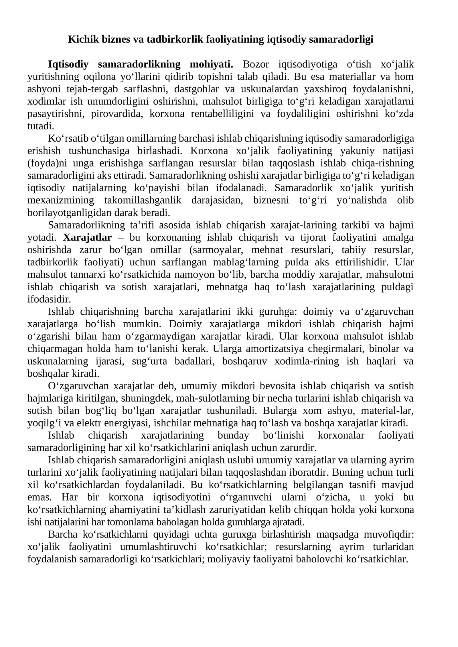 Kichik biznes va tadbirkorlik faoliyatining iqtisodiy samaradorligi 1