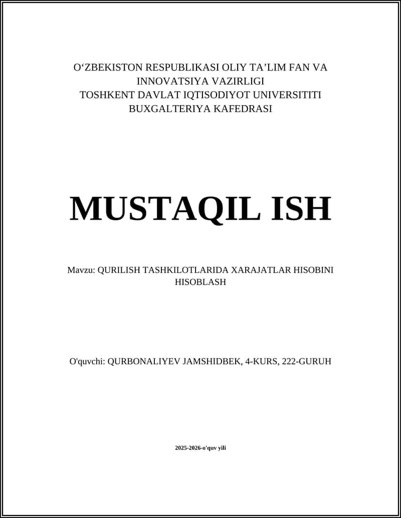 Qurilish Tashkilotlarida Xarajatlar Hisobini Hisoblash 1