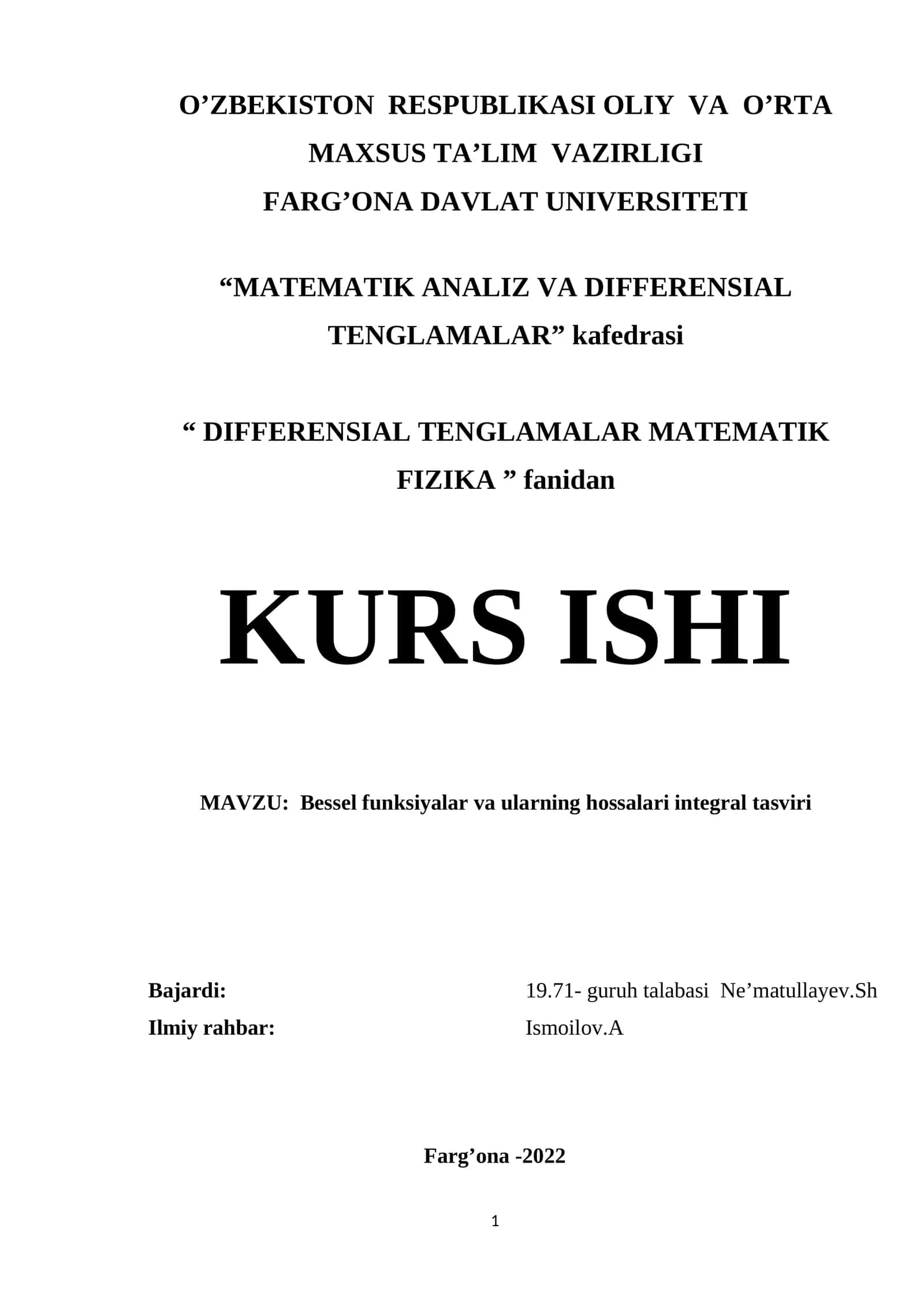 Bessel funksiyalar va ularning hossalari integral tasviri 1