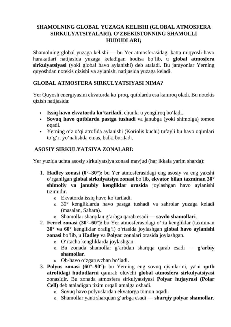 Yerning Shamolning Global Yuzaga Kelishi (Global Atmosfera Sirkulyatsiyalari) 1
