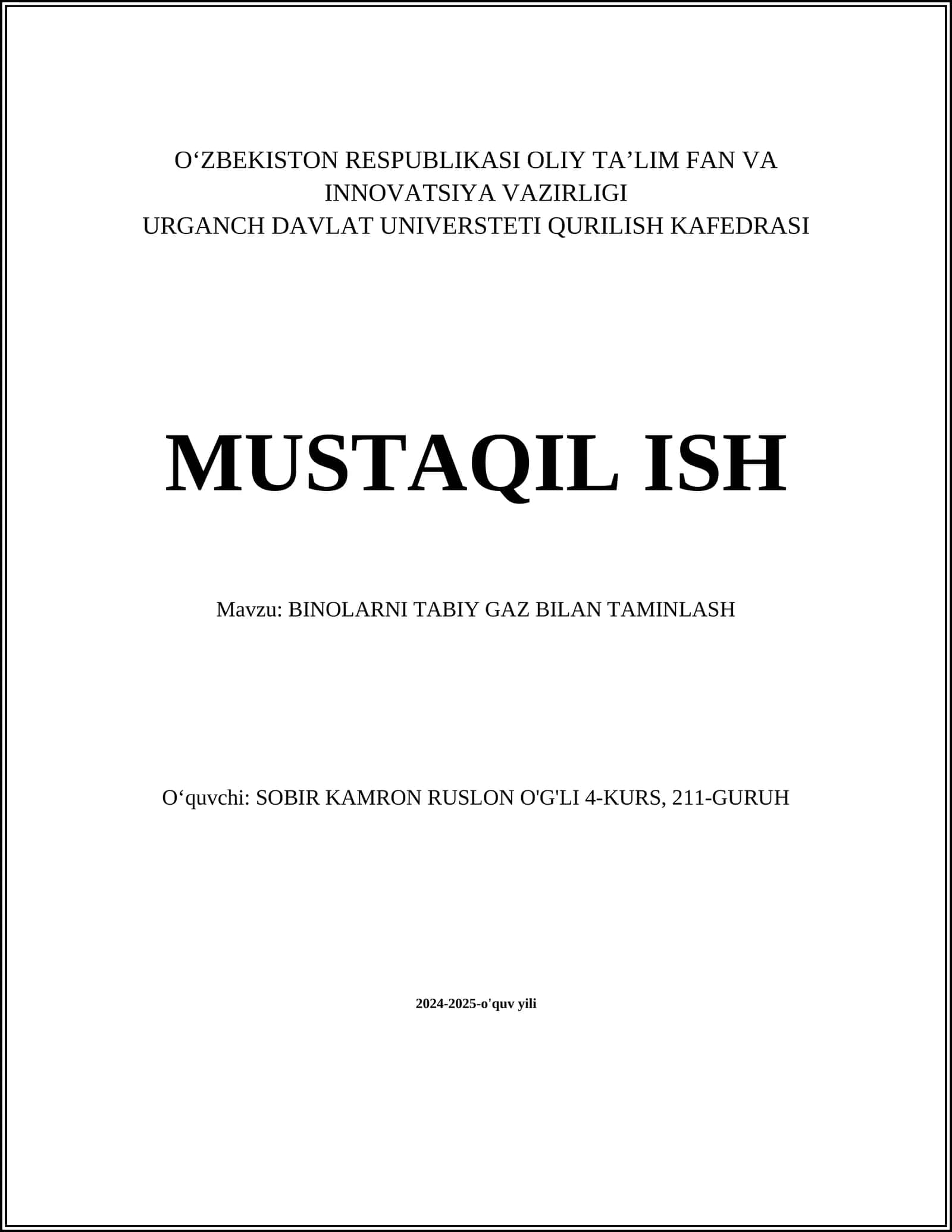 BINOLARNI TABIY GAZ BILAN TAMINLASH 1