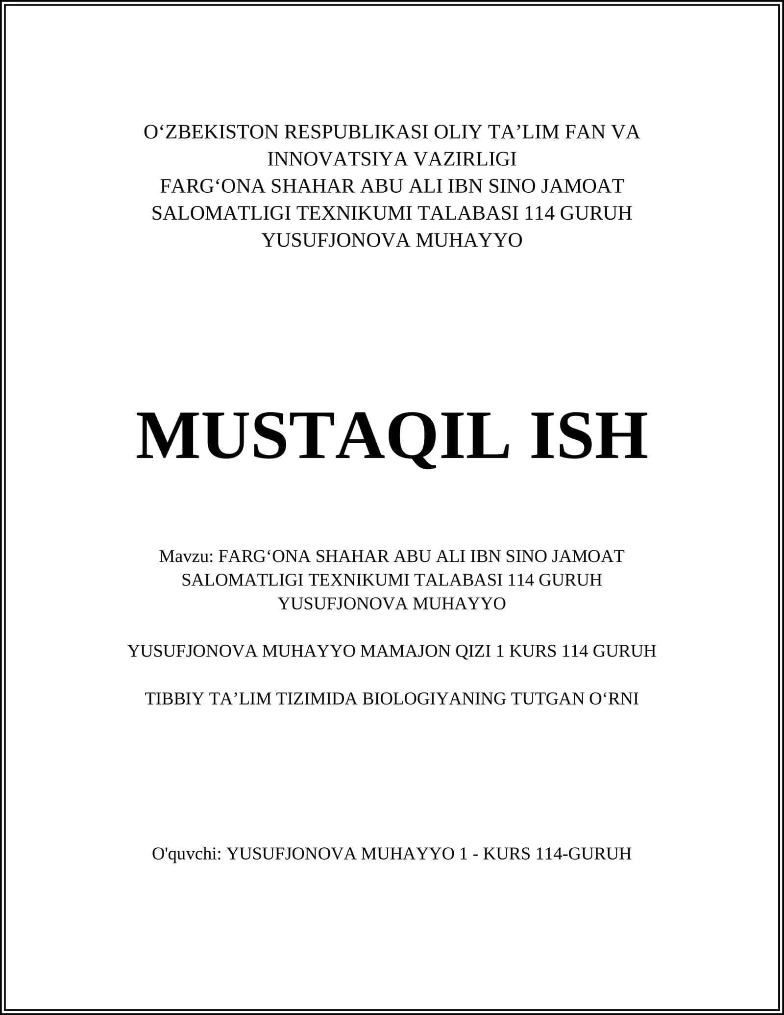 FARGʻONA SHAHAR ABU ALI IBN SINO JAMOAT SALOMATLIGI TEXNIKUMI TALABASI 114 GURUH YUSUFJONOVA MUHAYYO 1