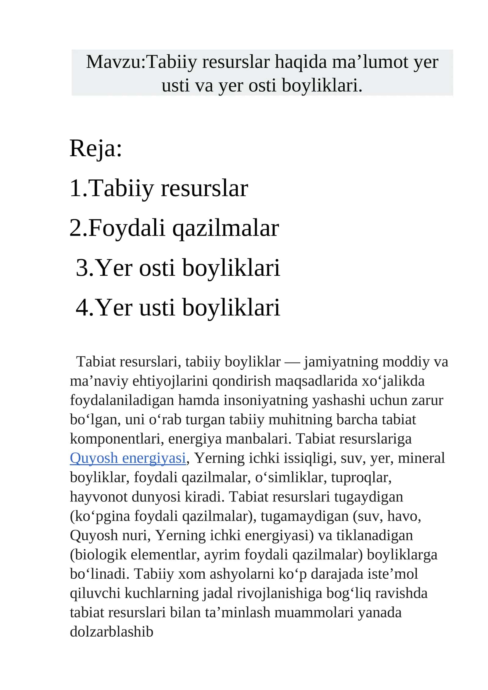 Tabiiy resurslar haqida ma’lumot yer usti va yer osti boyliklari 1