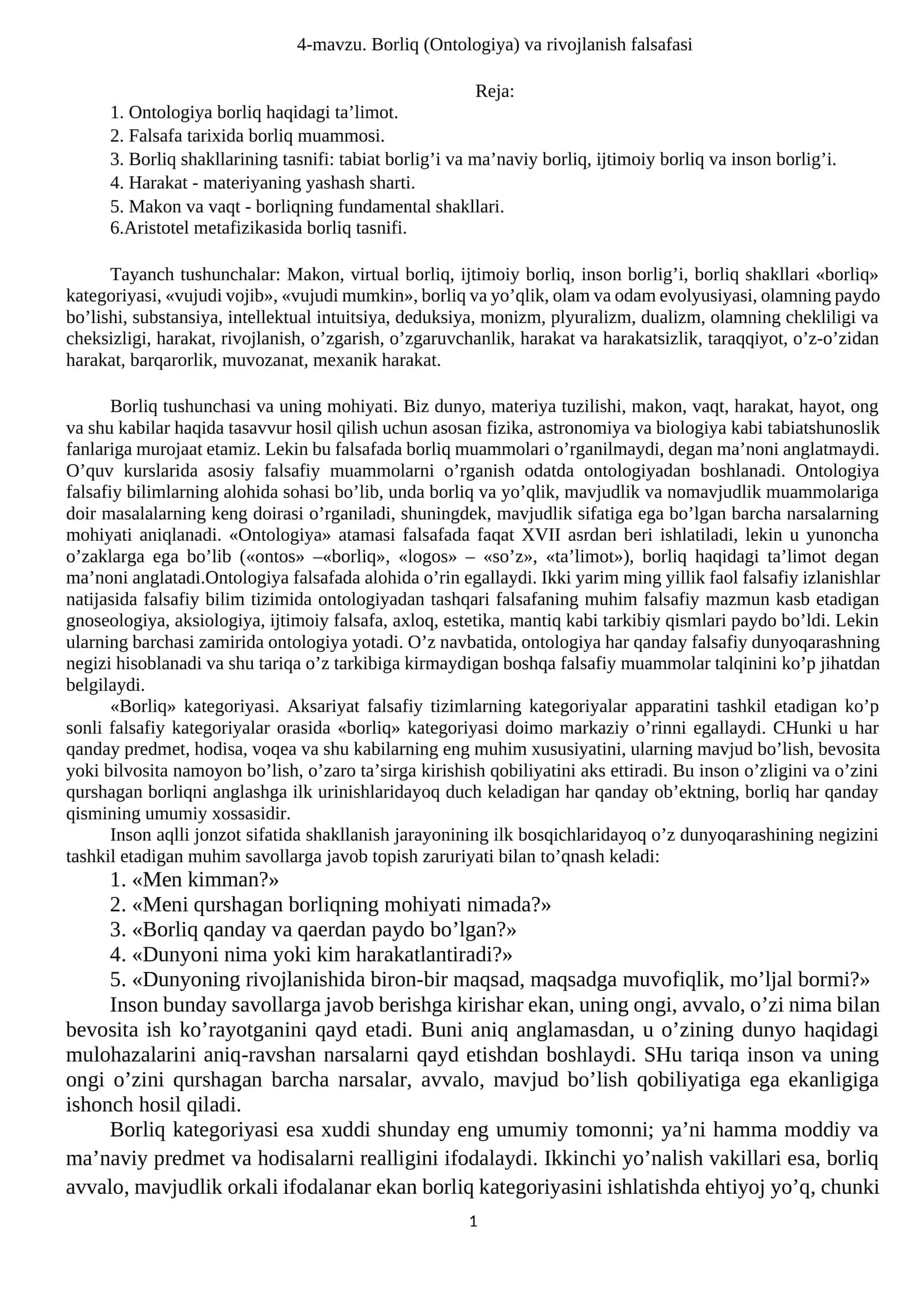 4-mavzu. Borliq (Ontologiya) va rivojlanish falsafasi 1