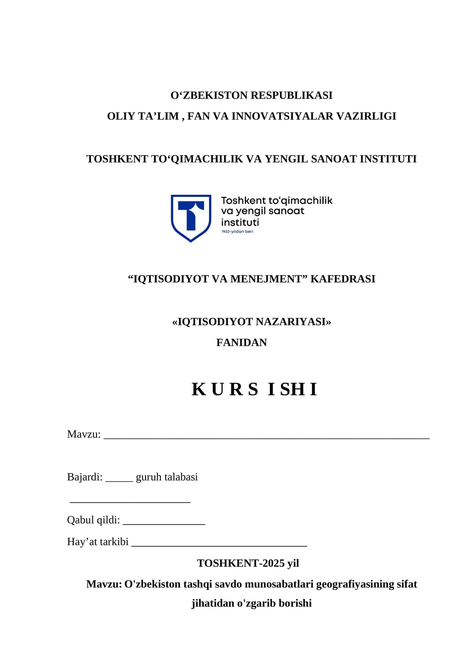 Mavzu: O'zbekiston tashqi savdo munosabatlari geografiyasining sifat jihatidan o'zgarib borishi 1