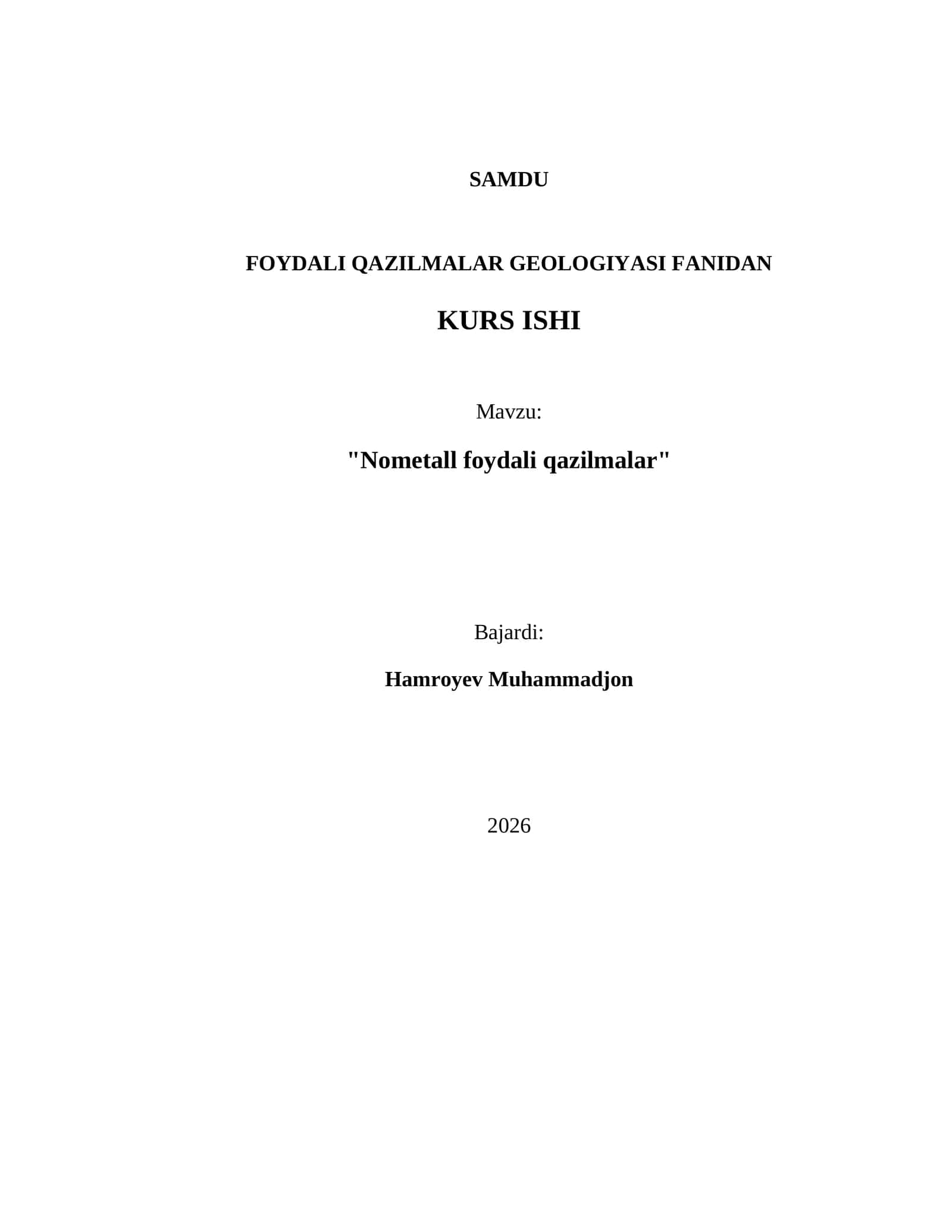 FOYDALI QAZILMALAR GEOLOGIYASI FANIDAN KURS ISHI 1