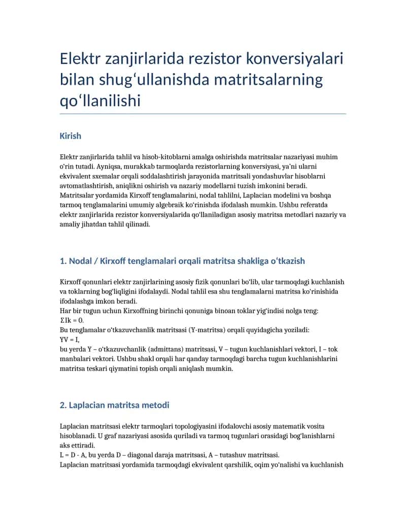 Elektr zanjirlarda rezistor konversiyalari bilan shug'ullanishda matritsaning qo'llanilishi 1