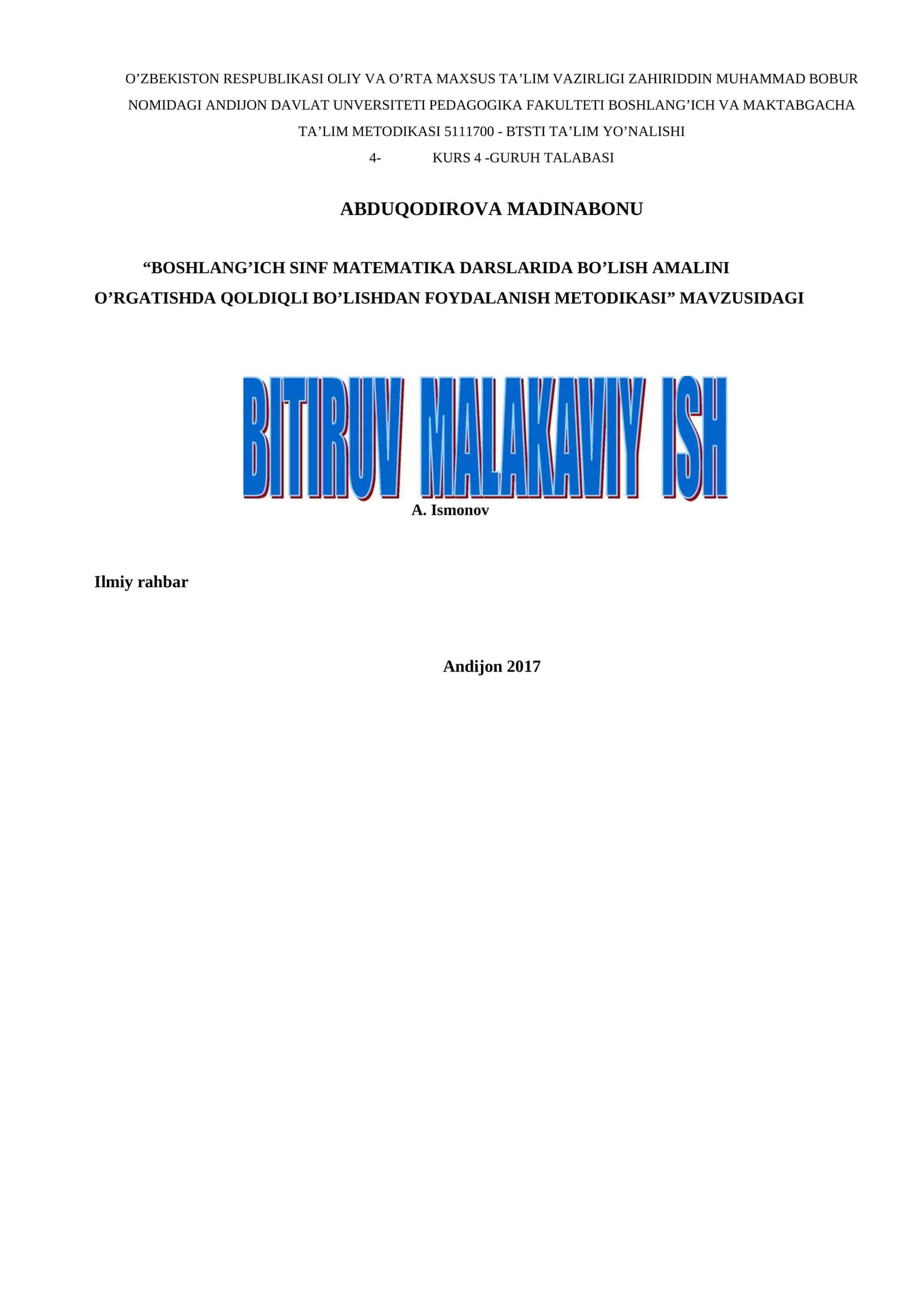 BOSHLANG’ICH SINF MATEMATIKA DARSLARIDA BO’LISH AMALINI O’RGATISHDA QOLDIQLI BO’LISHDAN FOYDALANISH METODIKASI 1