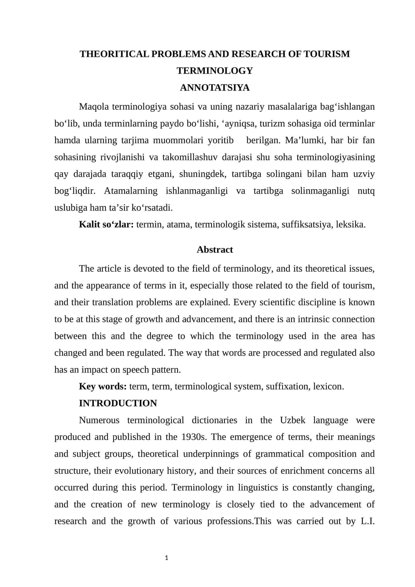 THEORITICAL PROBLEMS AND RESEARCH OF TOURISM TERMINOLOGY 1