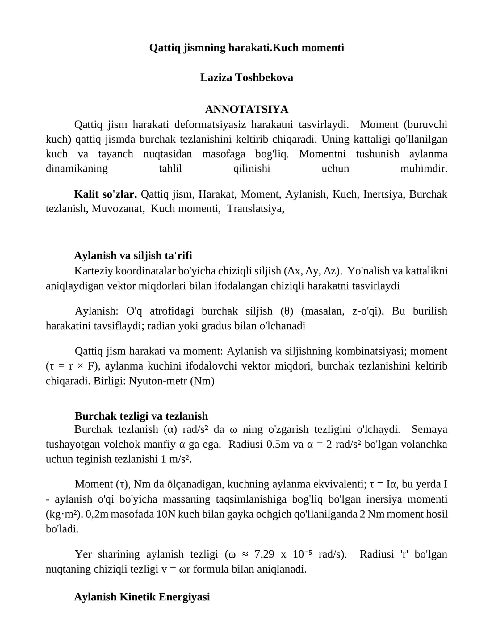 Qattiq jismning harakati.Kuch momenti 1