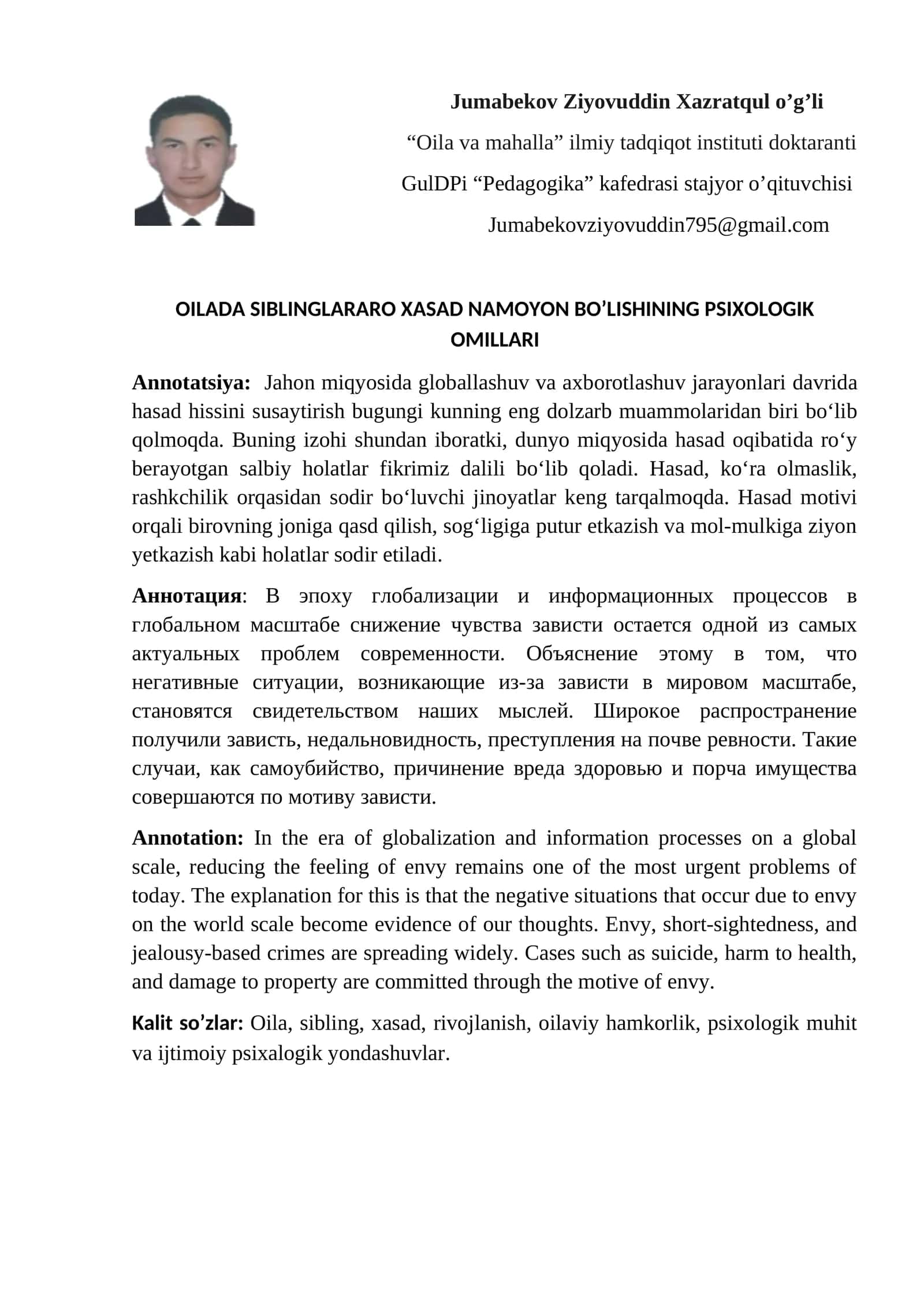 OILADA SIBLINGLARARO XASAD NAMOYON BO’LISHINING PSIXOLOGIK OMILLARI 1