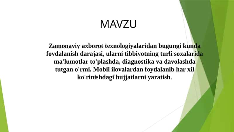 Zamonaviy axborot texnologiyalaridan bugungi kunda foydalanish darajasi, ularni tibbiyotning turli soxalarida ma'lumotlar to'plash 1