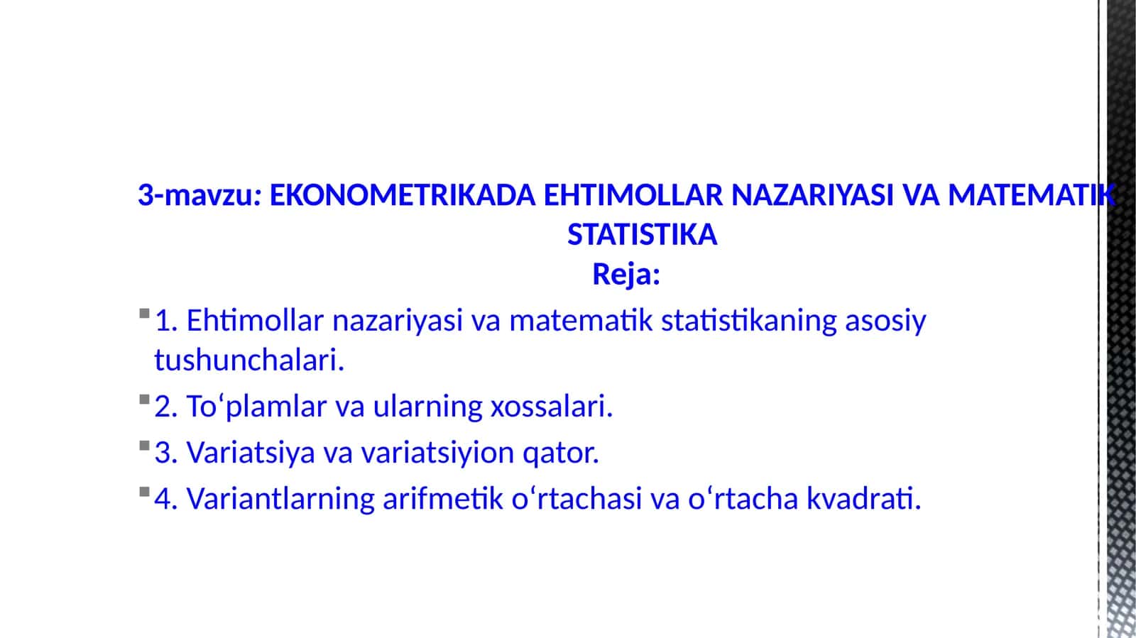 EKONOMETRIKADA EHTIMOLLAR NAZARIYASI VAMATEMATIKSTATISTIKA 1